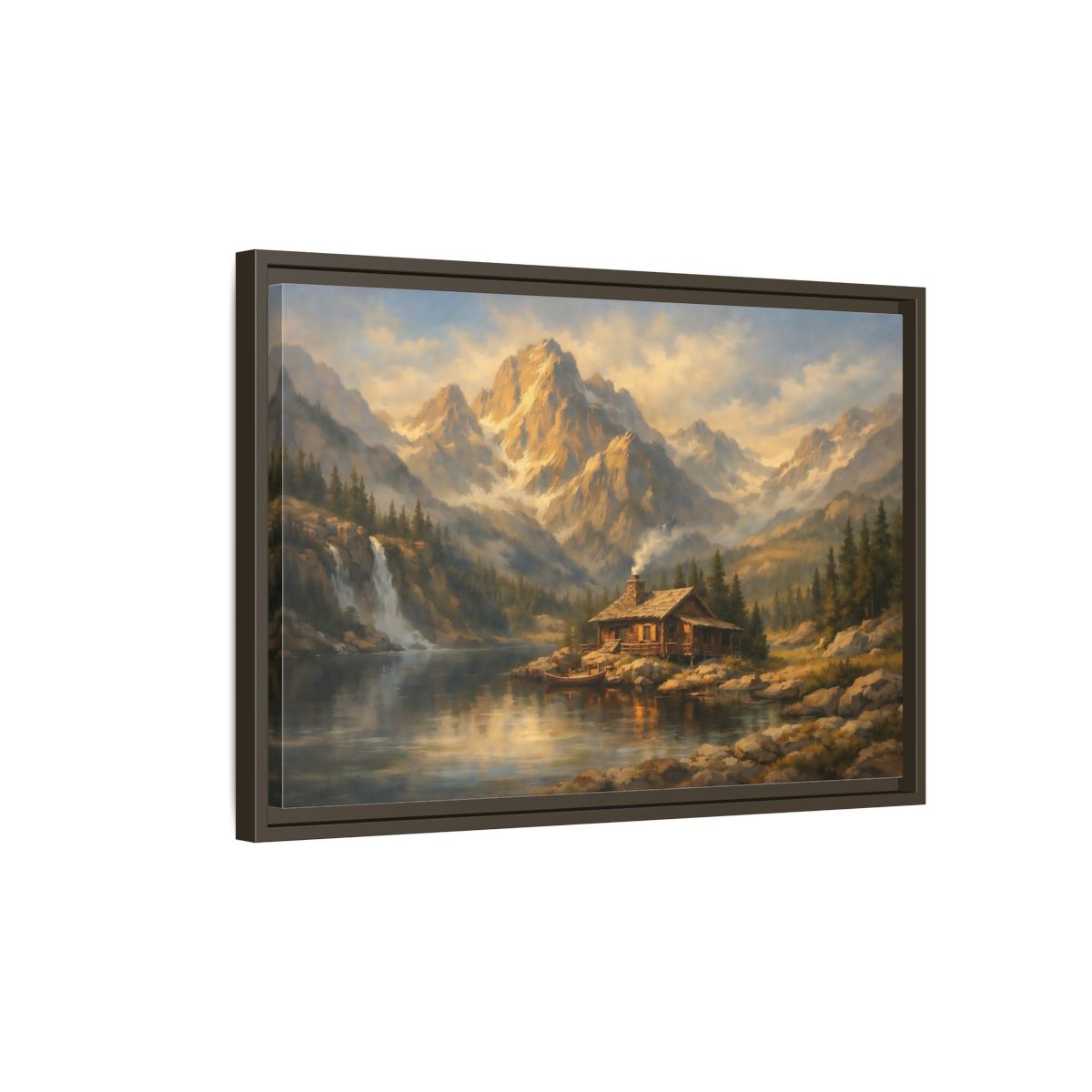 Side Mockup 2. Nature Log Cabin Mountain Cabin shown as stretched canvas wall art
