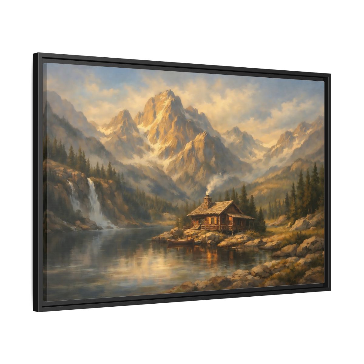 Side Mockup 13. Nature Log Cabin Mountain Cabin shown as stretched canvas wall art