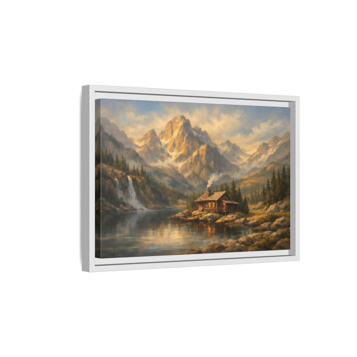 Side Mockup 4. Nature Log Cabin Mountain Cabin shown as stretched canvas wall art