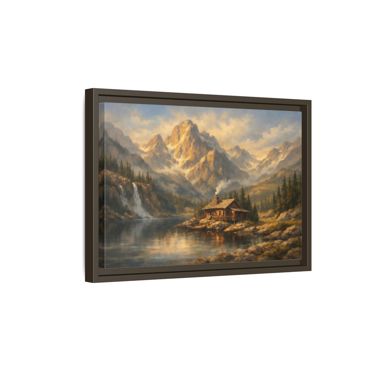 Side Mockup 5. Nature Log Cabin Mountain Cabin shown as stretched canvas wall art