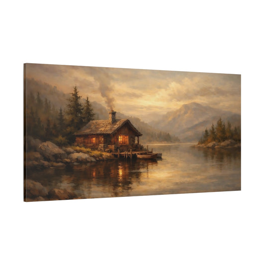 Main Mockup. Nature Log Cabin Warm Cabin Lake shown as stretched canvas wall art