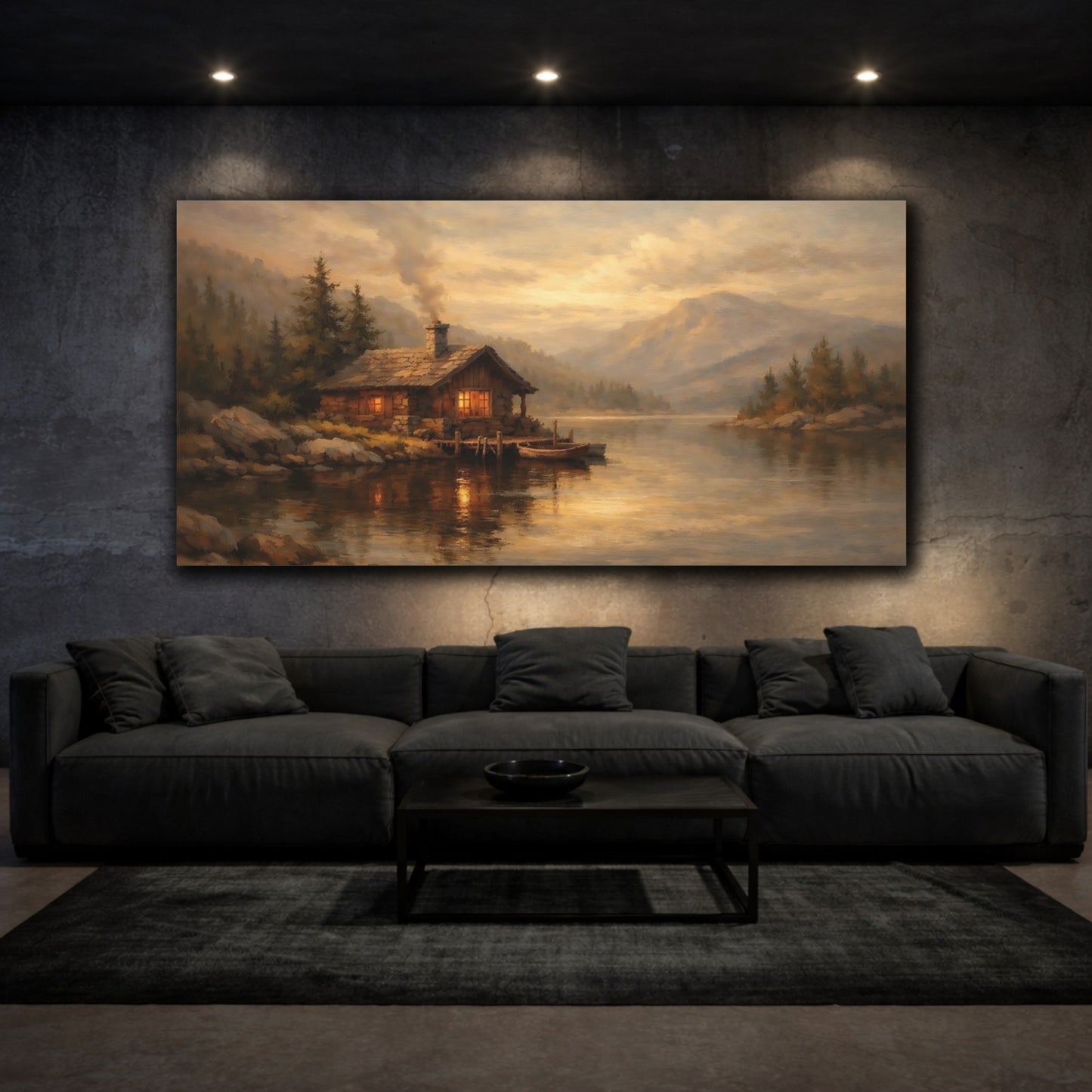 Mockup 2. Nature Log Cabin Warm Cabin Lake shown as stretched canvas wall art
