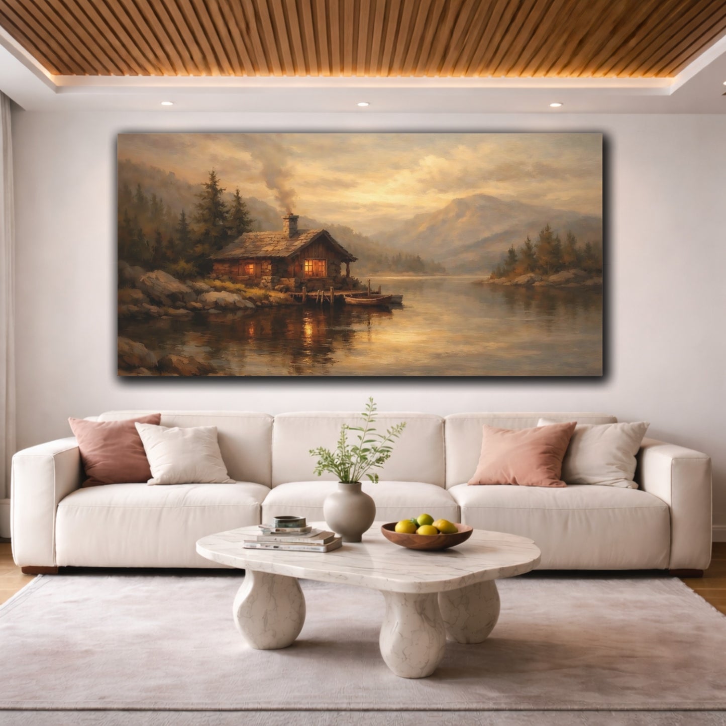 Mockup 3. Nature Log Cabin Warm Cabin Lake shown as stretched canvas wall art