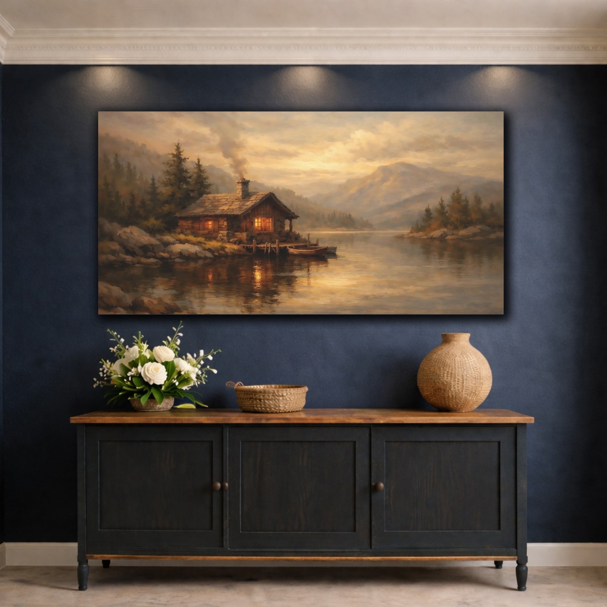 Mockup 4. Nature Log Cabin Warm Cabin Lake shown as stretched canvas wall art