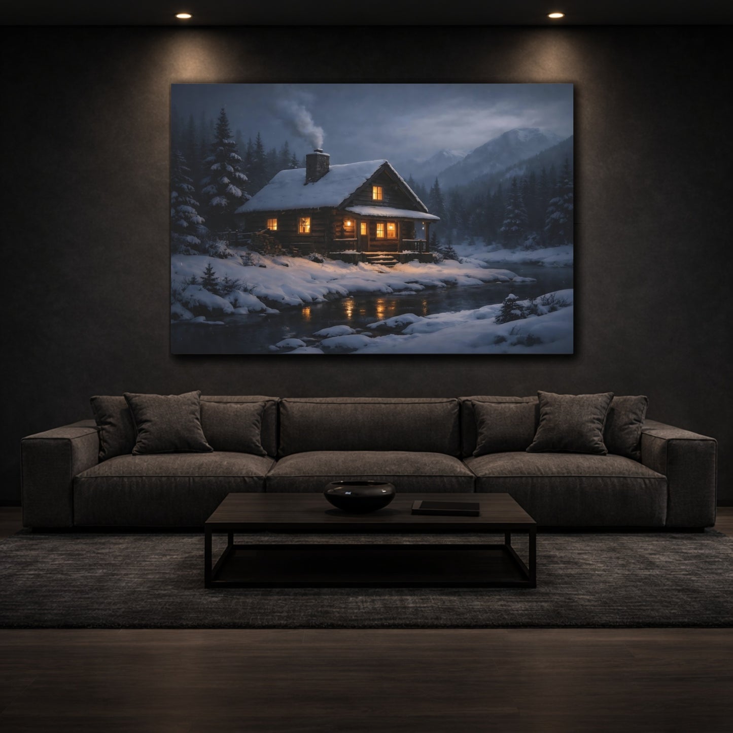 Nature Log Cabin Winter Cabin shown as front canvas room wall art