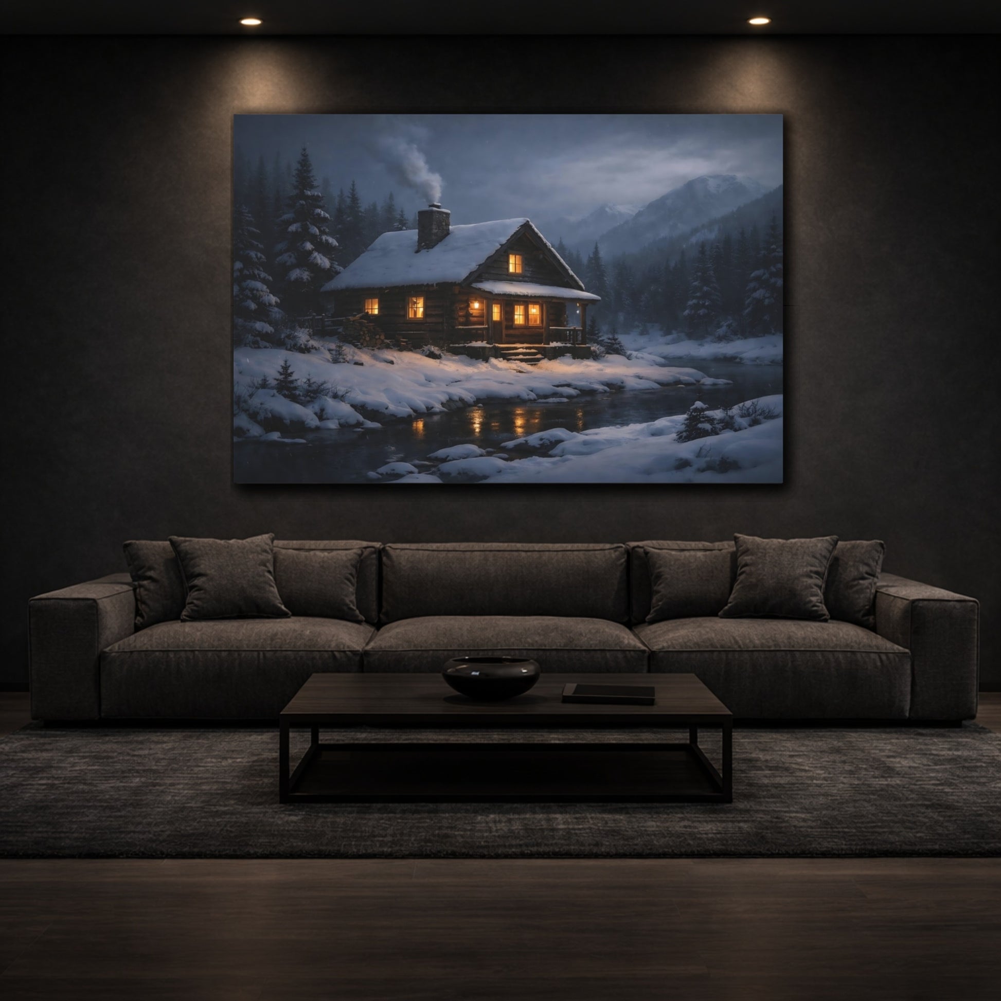 Nature Log Cabin Winter Cabin shown as front canvas room wall art