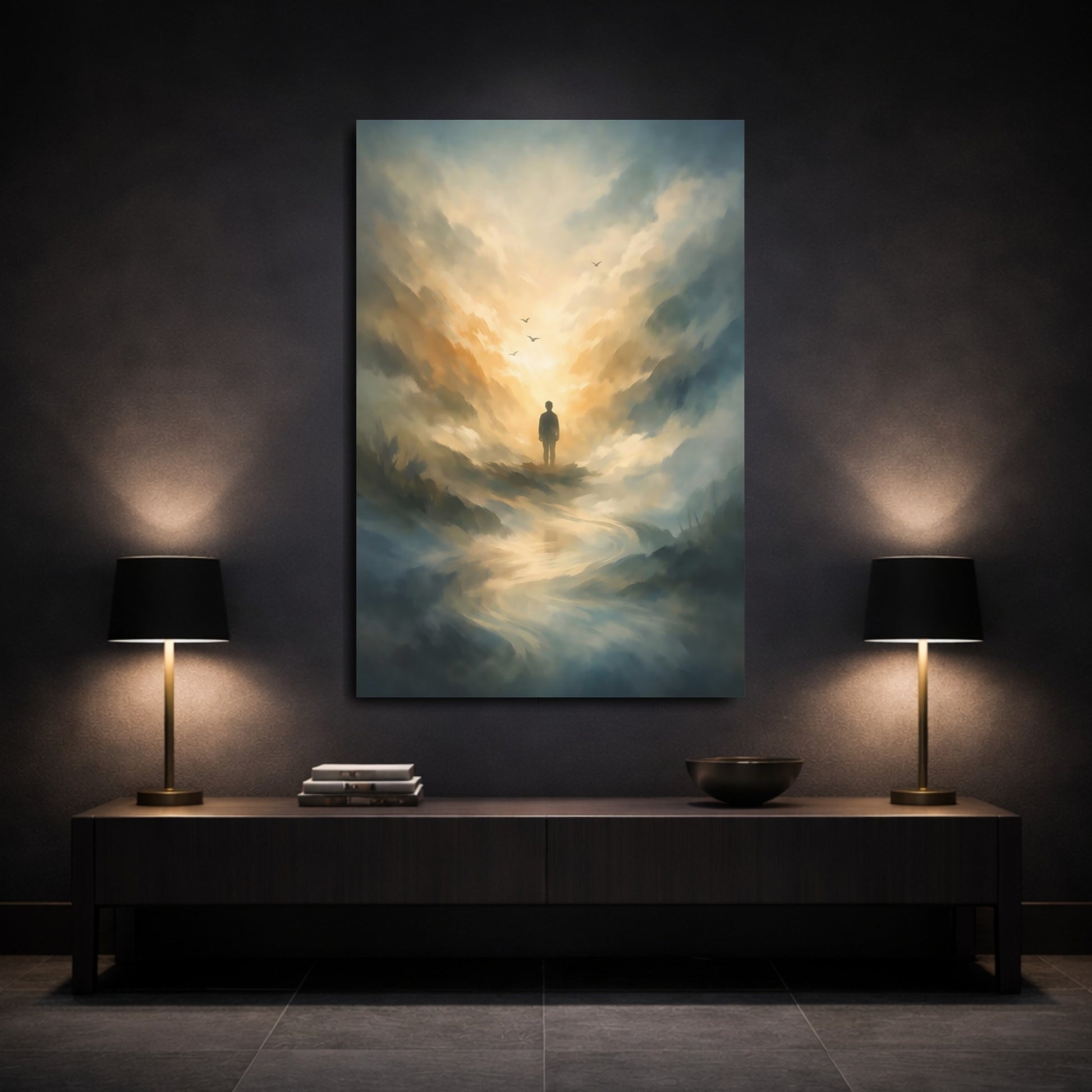 Mockup 2. Nature Lone Figure Golden Sky Landscape shown as stretched canvas wall art
