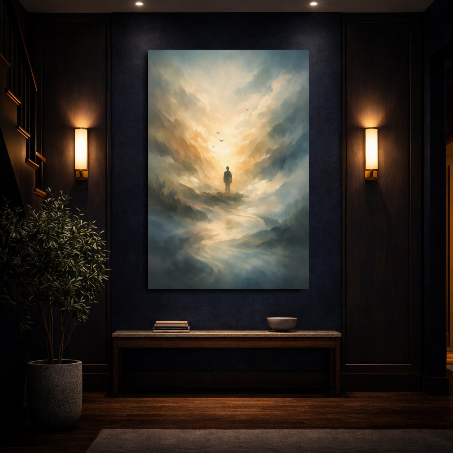 Mockup 3. Nature Lone Figure Golden Sky Landscape shown as stretched canvas wall art