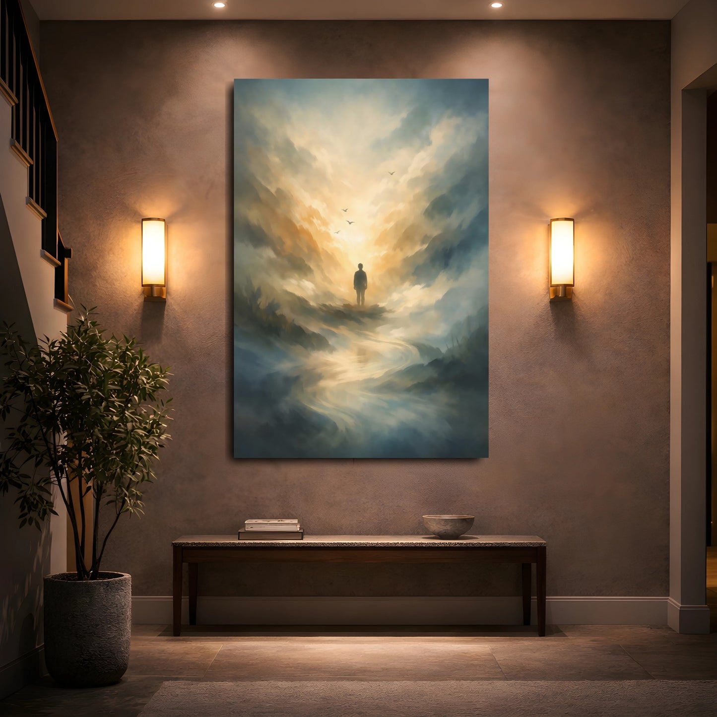 Mockup 4. Nature Lone Figure Golden Sky Landscape shown as stretched canvas wall art