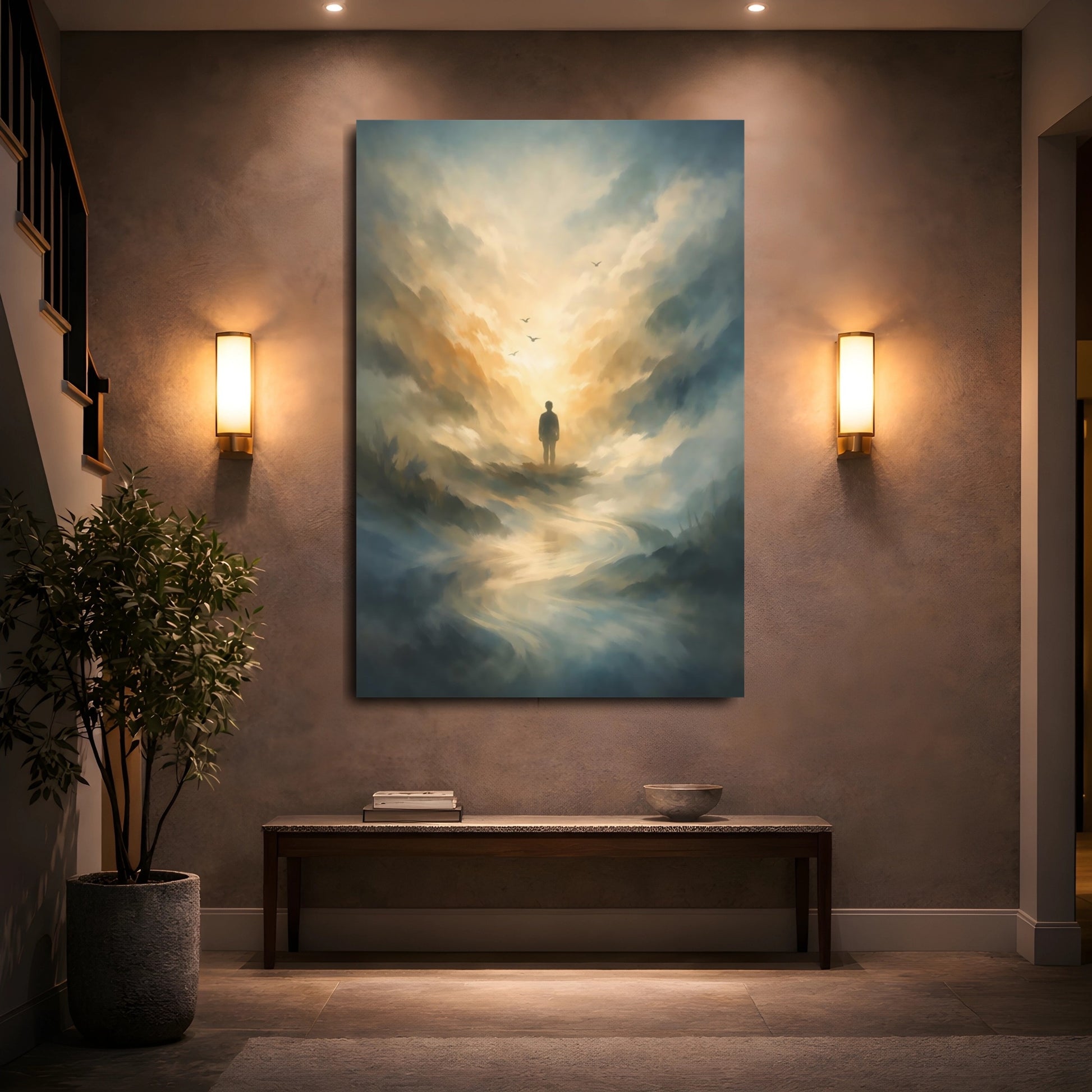Mockup 4. Nature Lone Figure Golden Sky Landscape shown as stretched canvas wall art