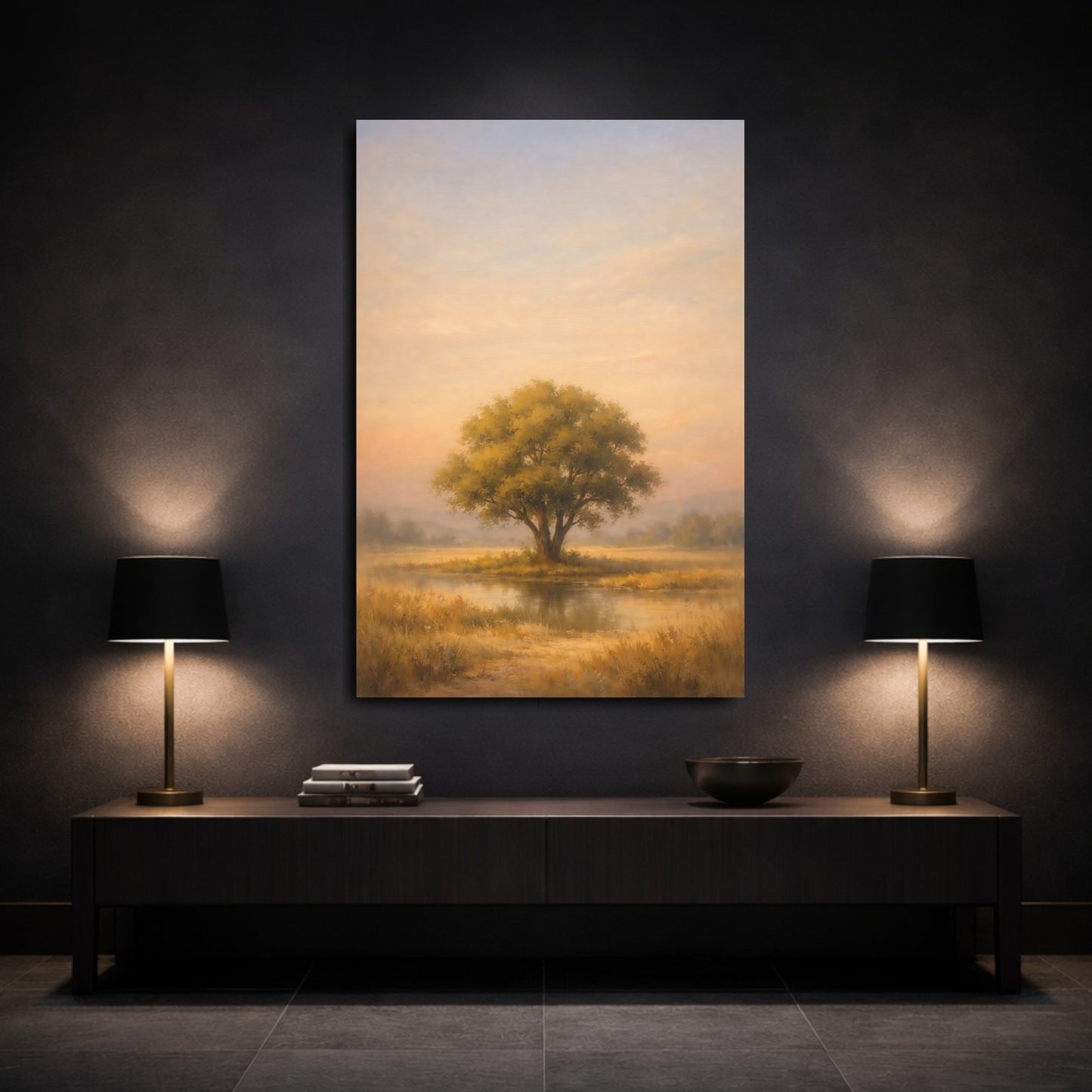 Mockup 2. Nature Lone Tree Golden Landscape shown as stretched canvas wall art