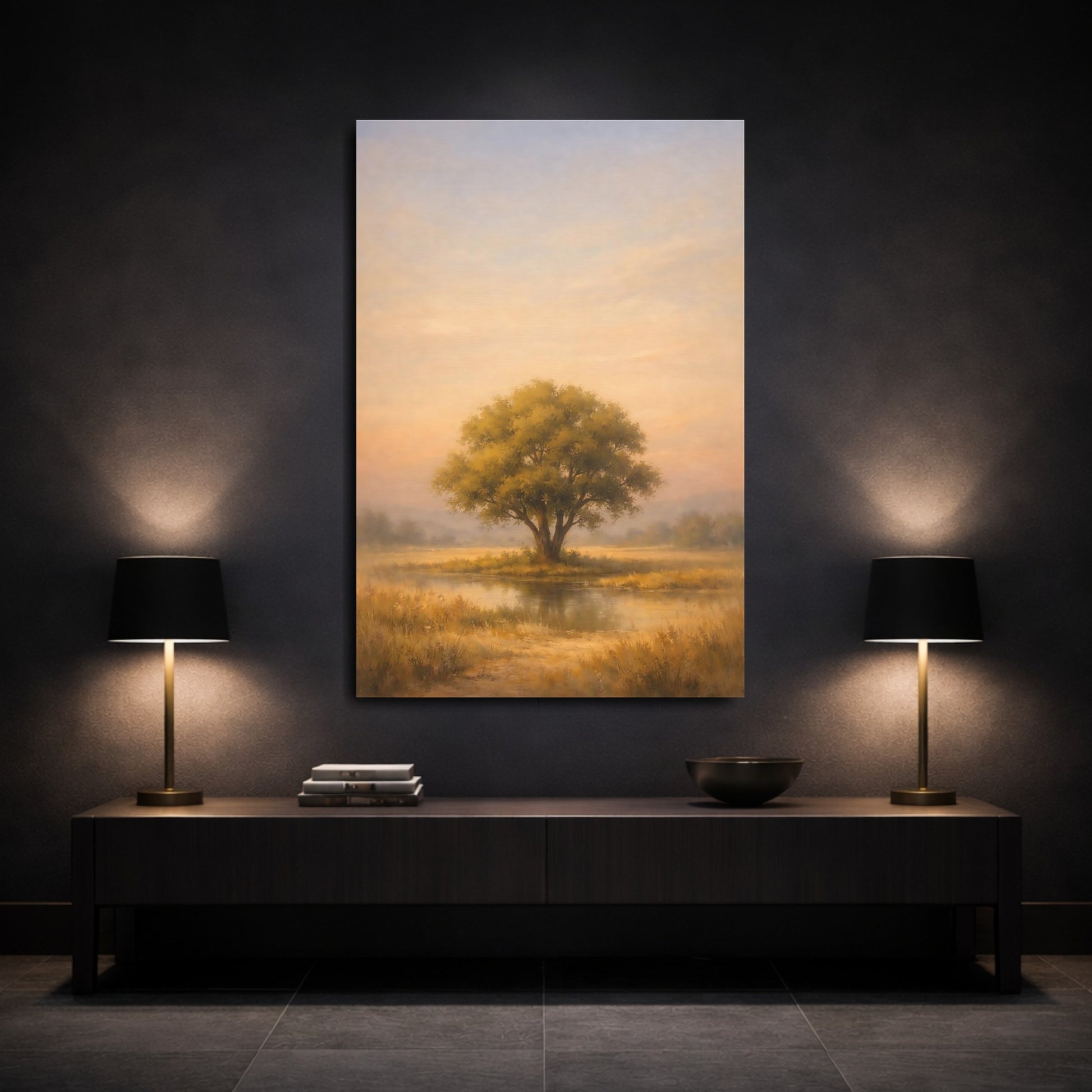 Mockup 2. Nature Lone Tree Golden Landscape shown as stretched canvas wall art