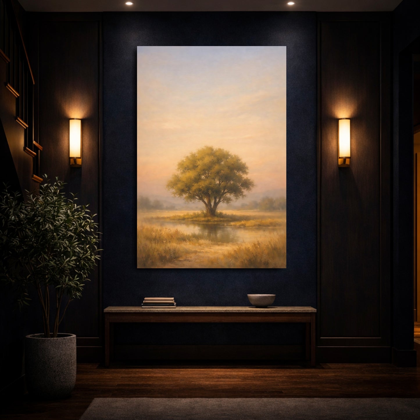 Mockup 3. Nature Lone Tree Golden Landscape shown as stretched canvas wall art