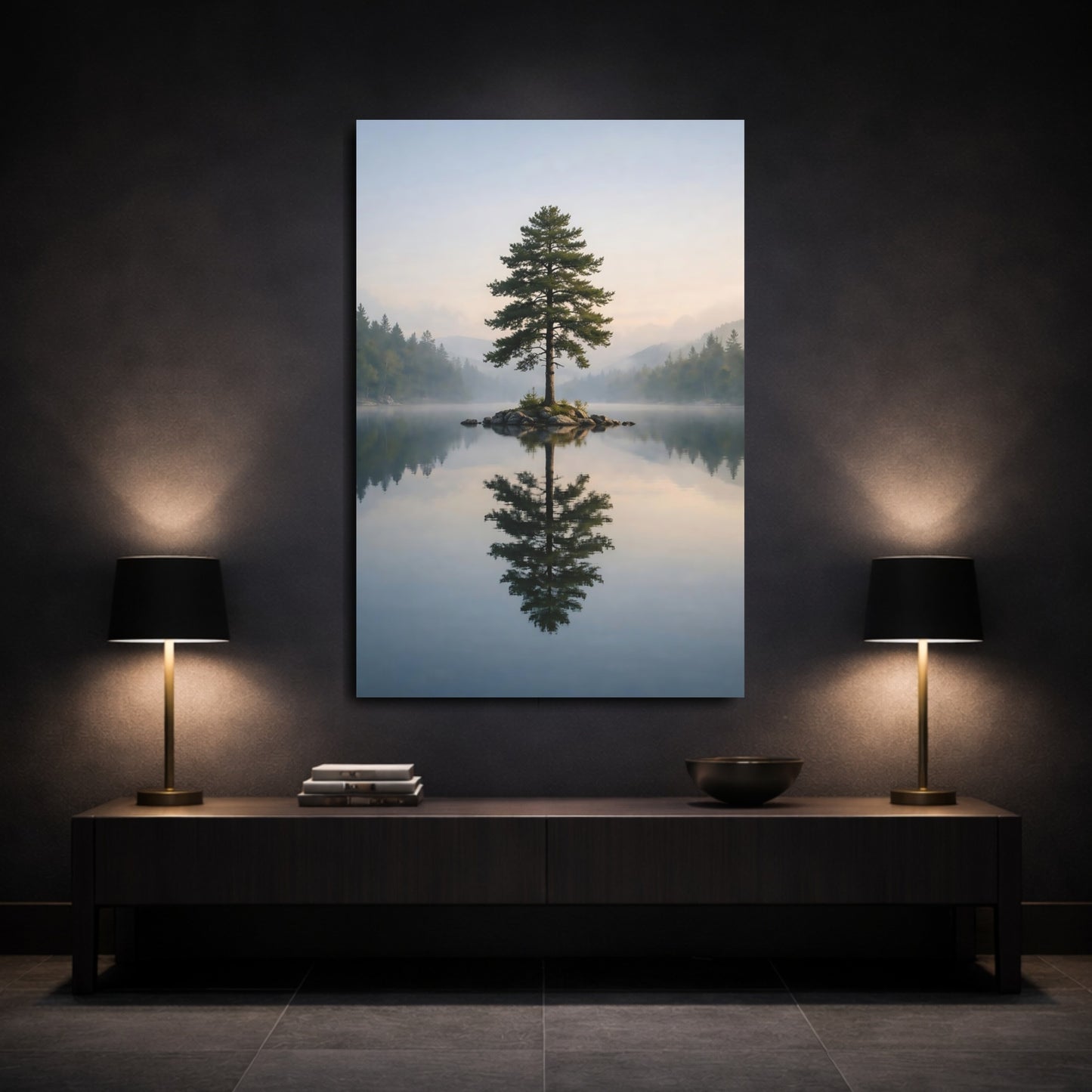 Mockup 2. Nature Lone Tree Misty Lake Tree shown as stretched canvas wall art