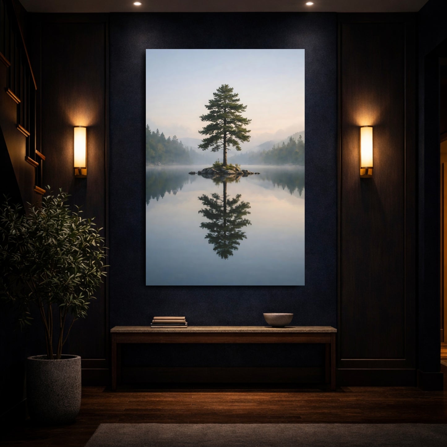 Mockup 3. Nature Lone Tree Misty Lake Tree shown as stretched canvas wall art