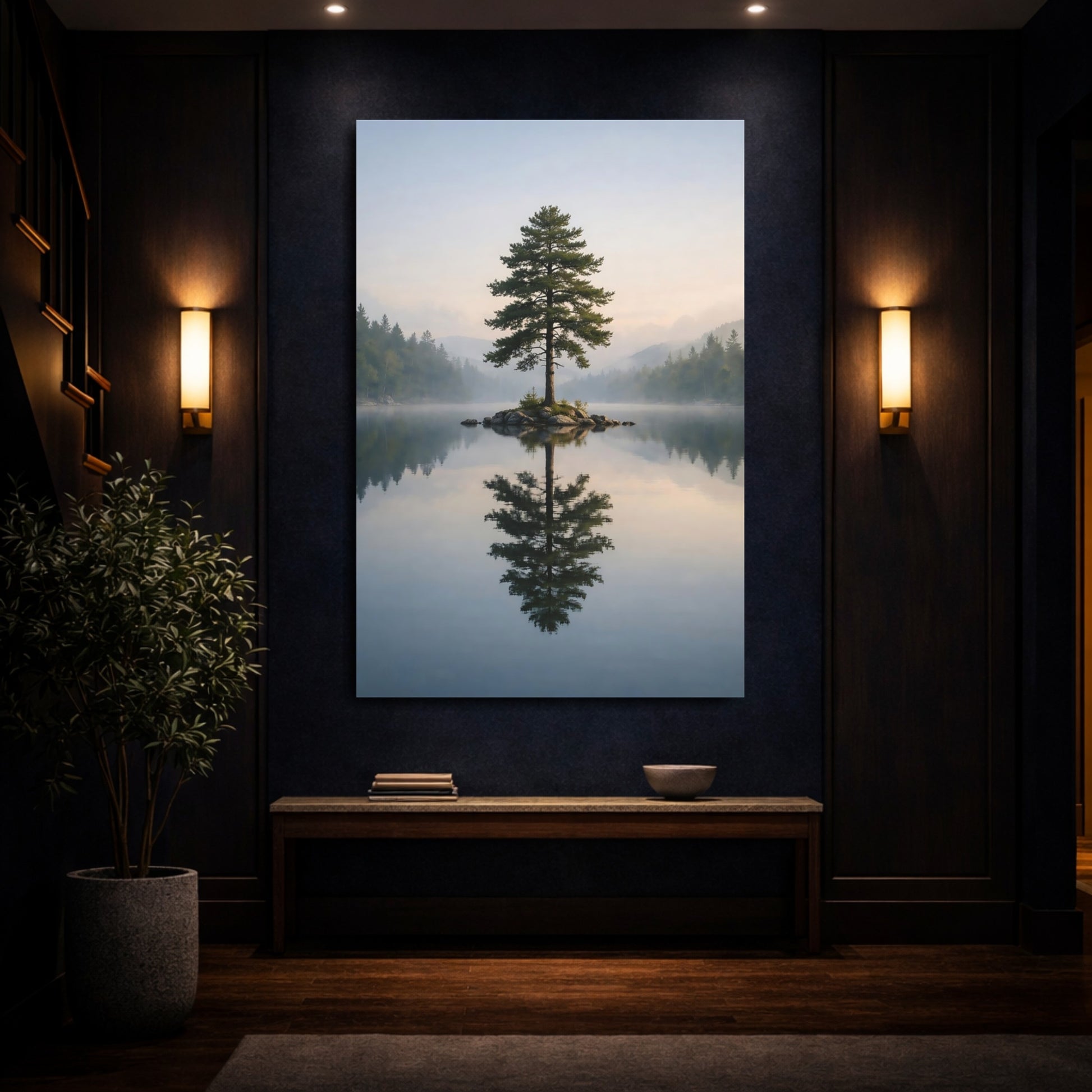 Mockup 3. Nature Lone Tree Misty Lake Tree shown as stretched canvas wall art