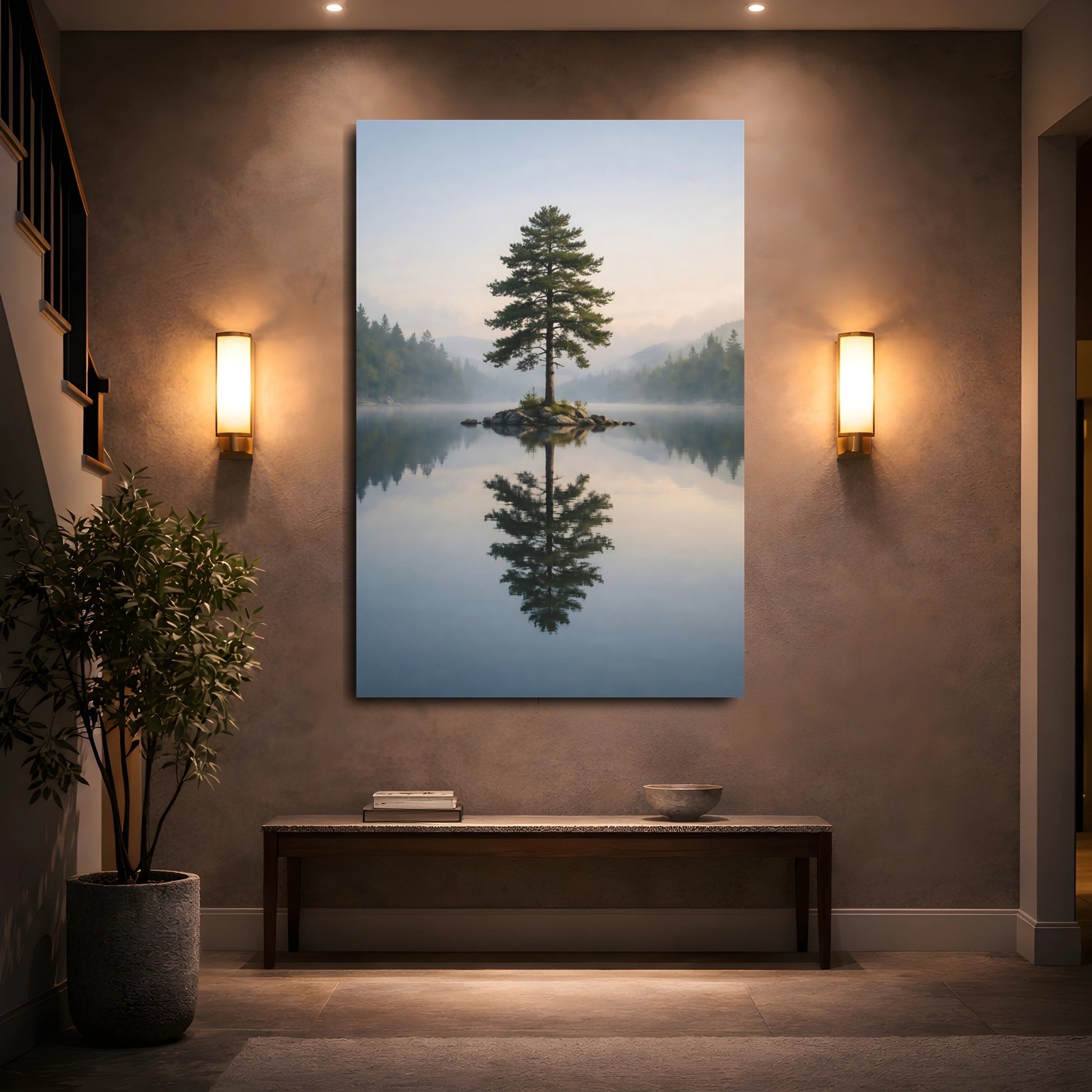 Mockup 4. Nature Lone Tree Misty Lake Tree shown as stretched canvas wall art