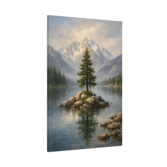 Main Mockup. Nature Lone Tree Misty Mountain Lake shown as stretched canvas wall art