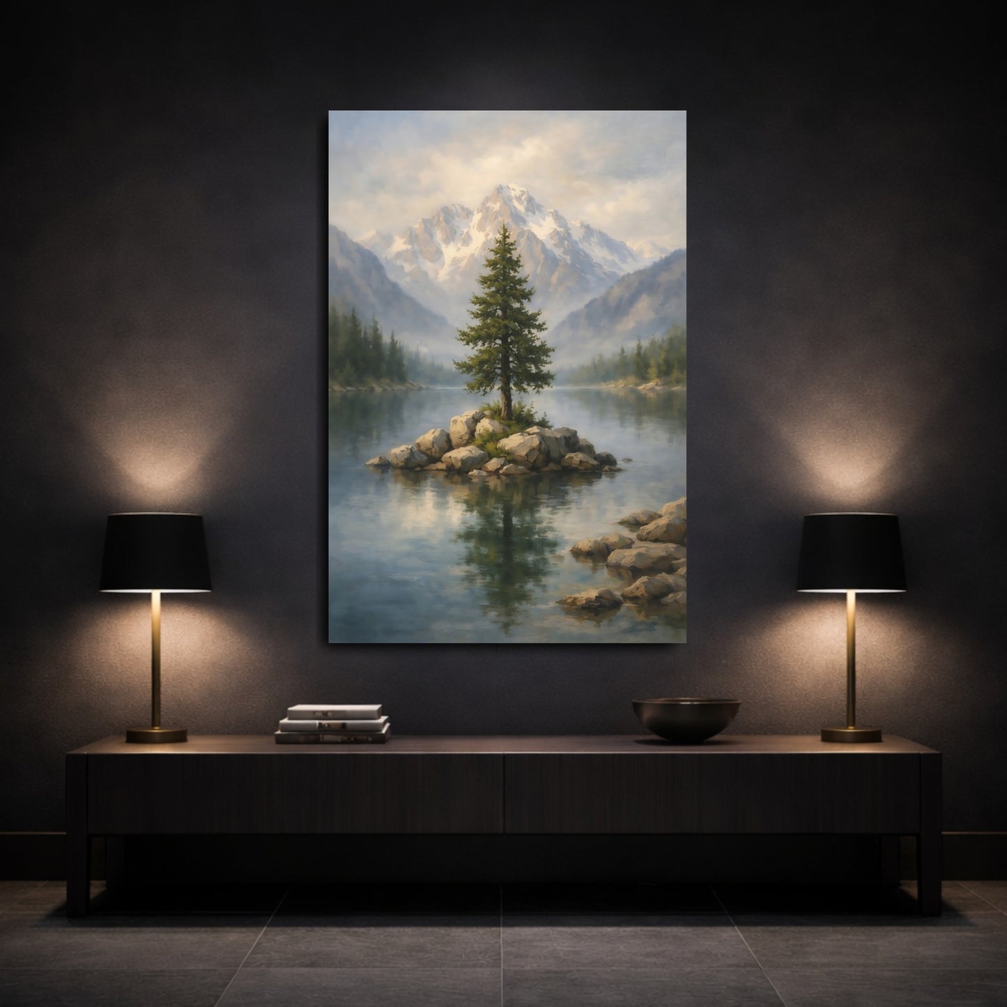 Mockup 2. Nature Lone Tree Misty Mountain Lake shown as stretched canvas wall art