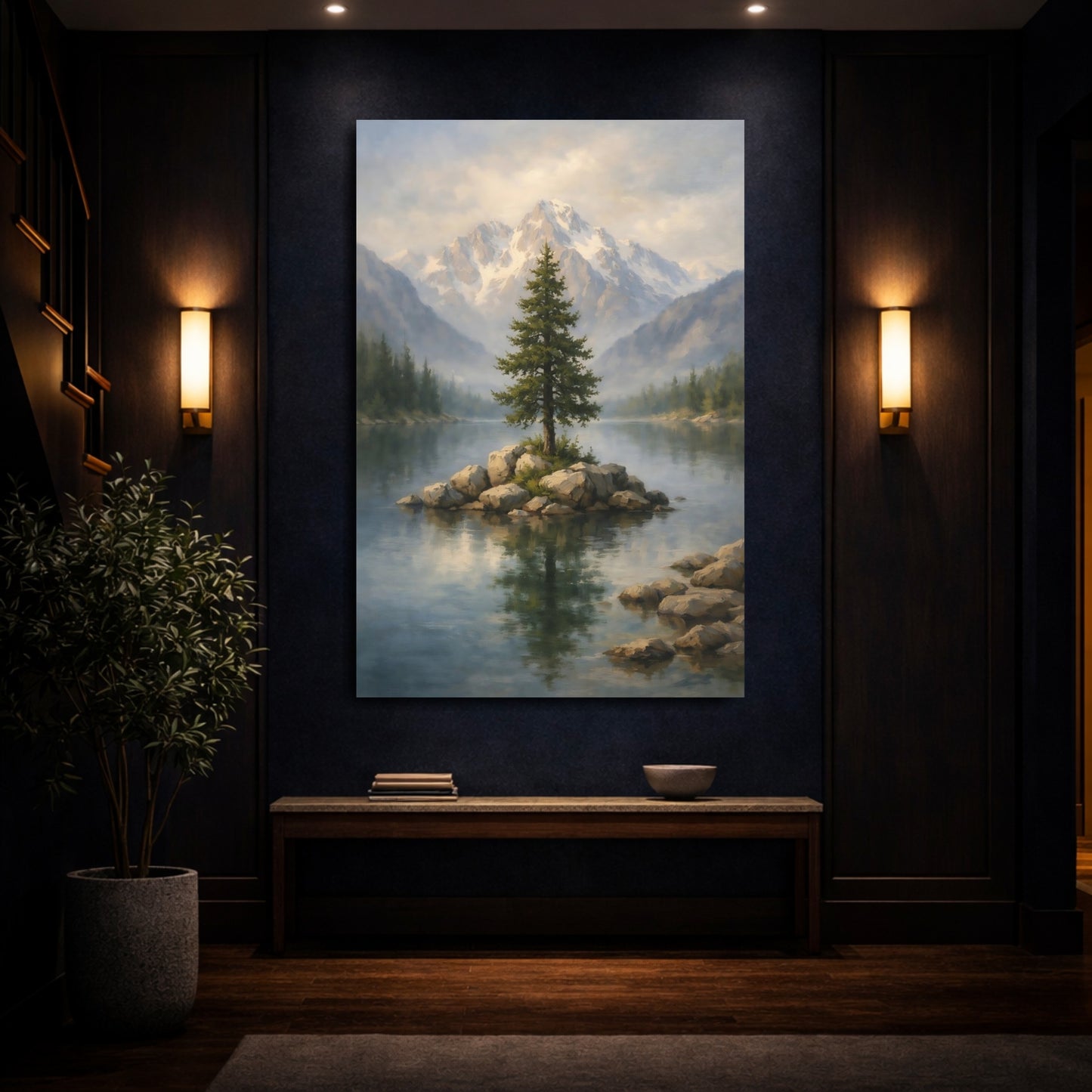 Mockup 3. Nature Lone Tree Misty Mountain Lake shown as stretched canvas wall art
