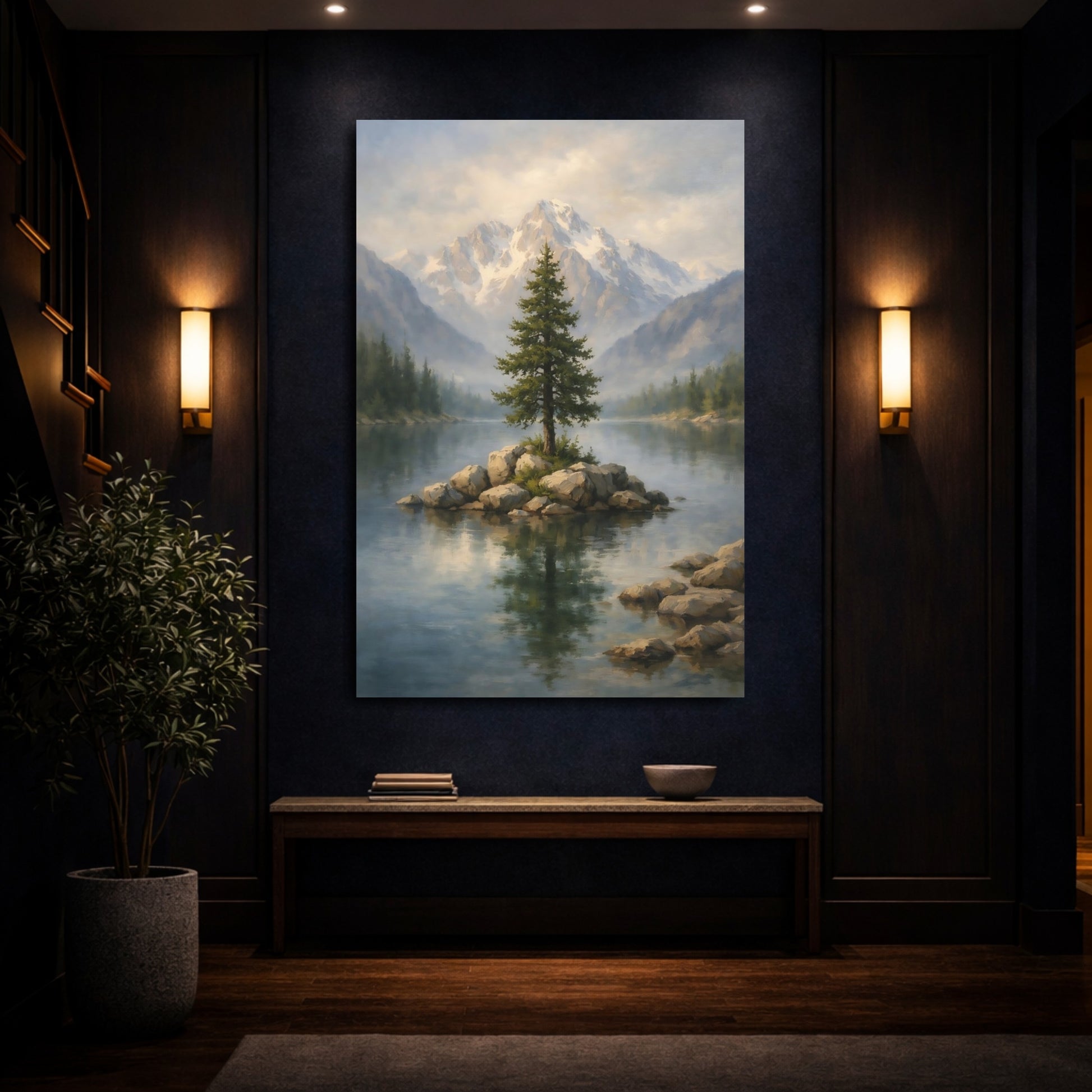 Mockup 3. Nature Lone Tree Misty Mountain Lake shown as stretched canvas wall art
