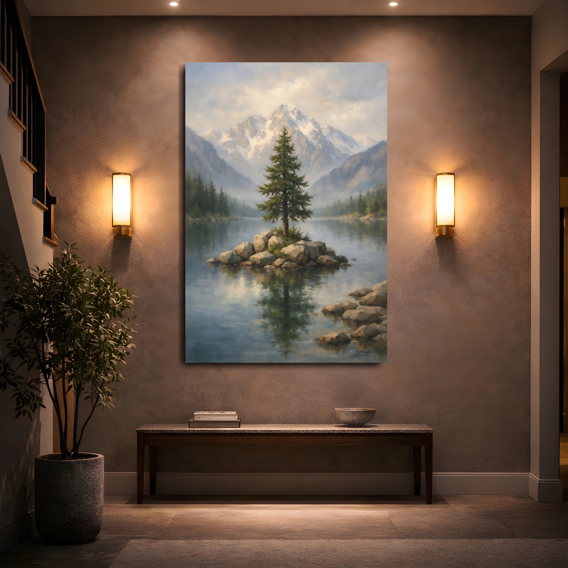 Mockup 4. Nature Lone Tree Misty Mountain Lake shown as stretched canvas wall art