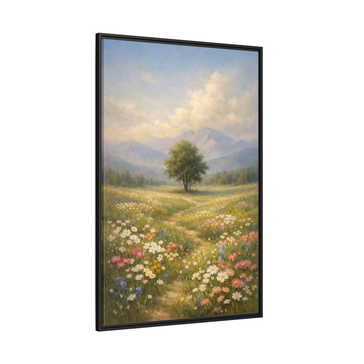 Main Mockup. Nature Lone Tree Spring Meadow shown as stretched canvas wall art