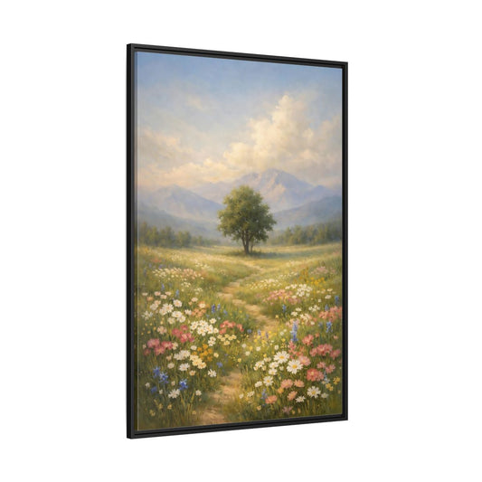 Main Mockup. Nature Lone Tree Spring Meadow shown as stretched canvas wall art
