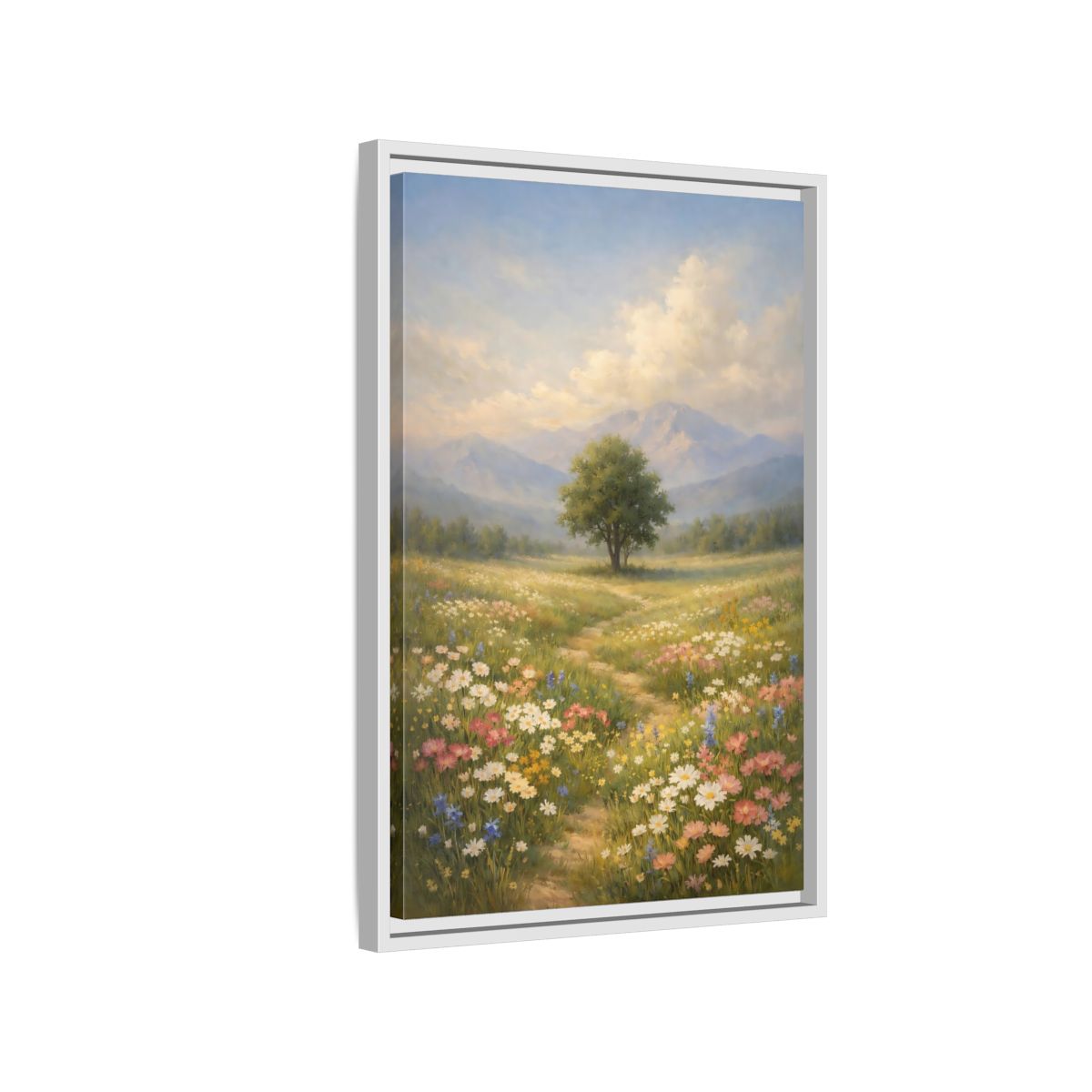 Side Mockup 1. Nature Lone Tree Spring Meadow shown as stretched canvas wall art