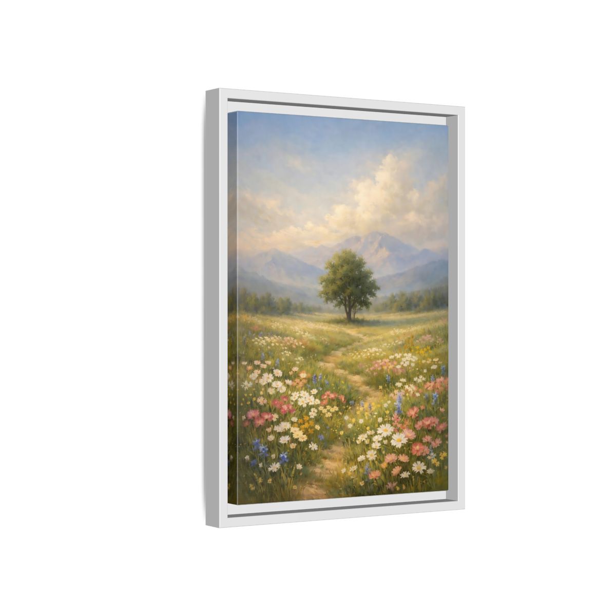 Side Mockup 4. Nature Lone Tree Spring Meadow shown as stretched canvas wall art