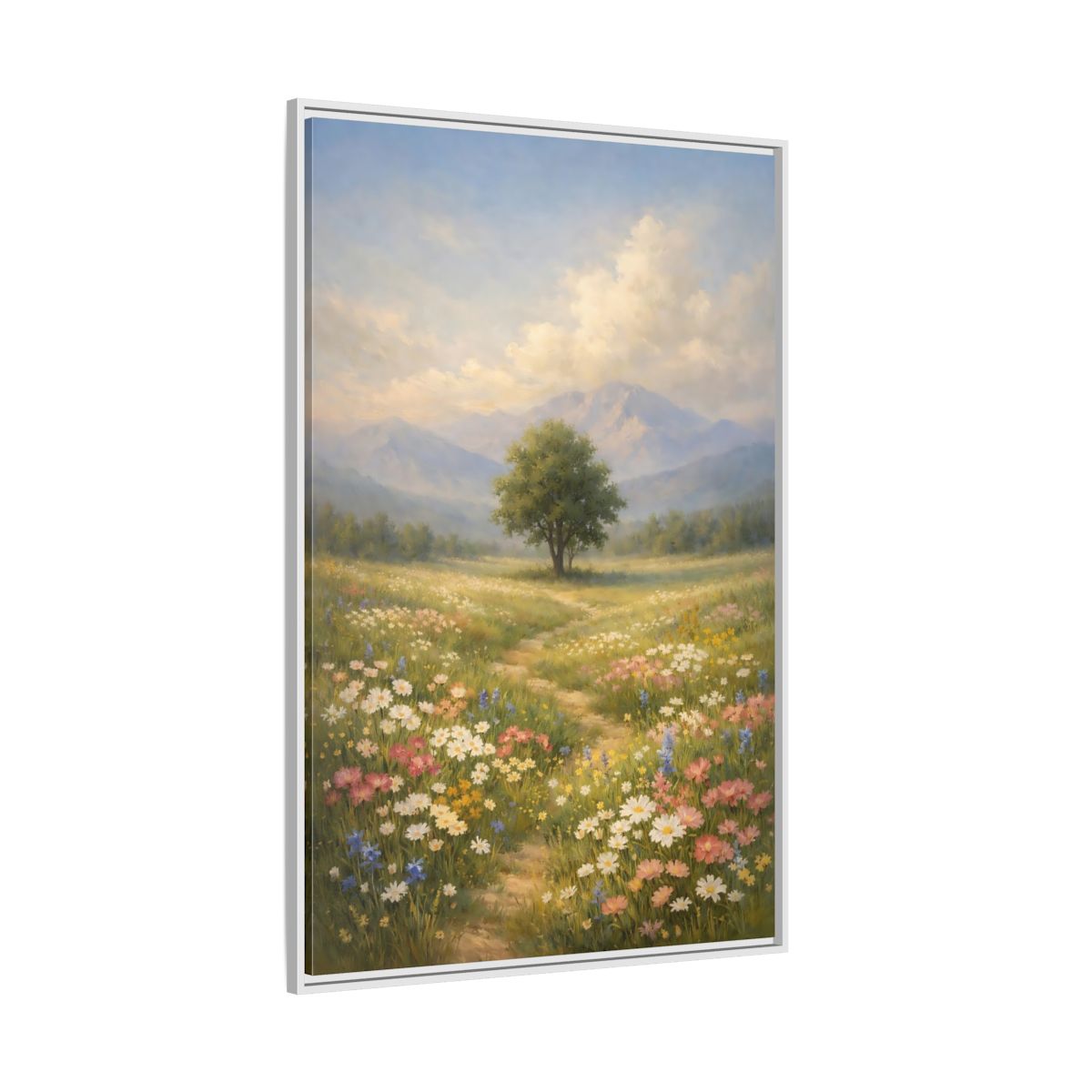 Side Mockup 7. Nature Lone Tree Spring Meadow shown as stretched canvas wall art