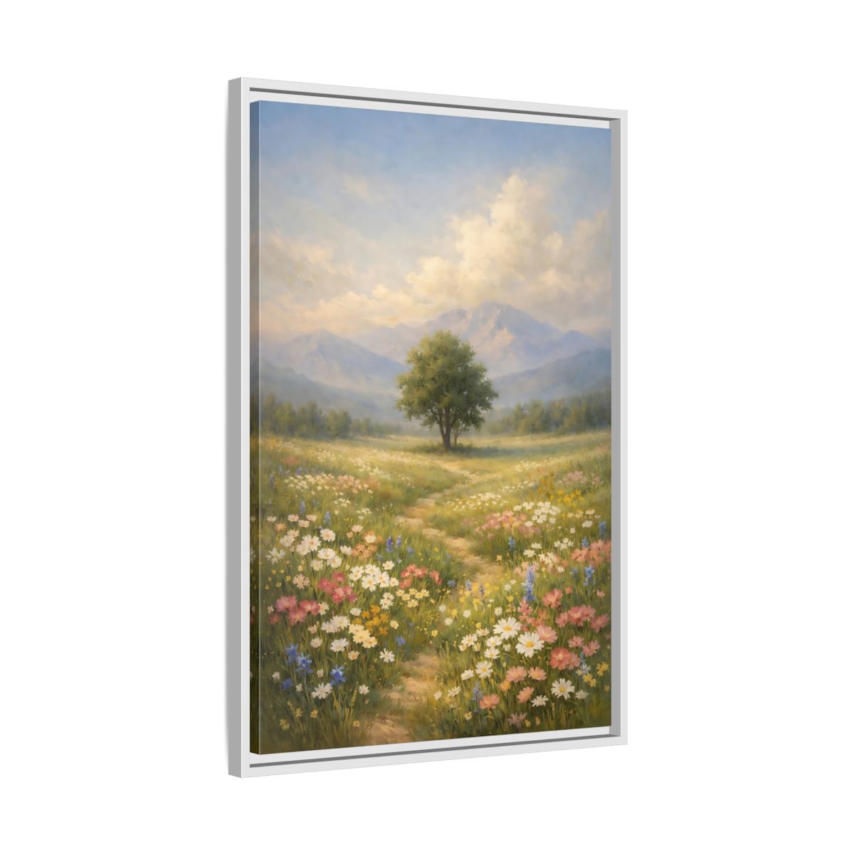Side Mockup 11. Nature Lone Tree Spring Meadow shown as stretched canvas wall art
