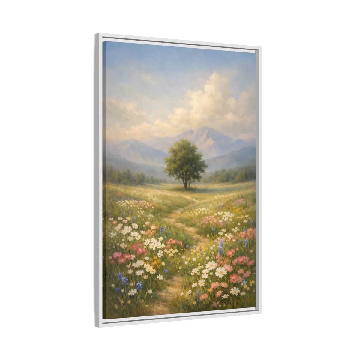 Side Mockup 9. Nature Lone Tree Spring Meadow shown as stretched canvas wall art