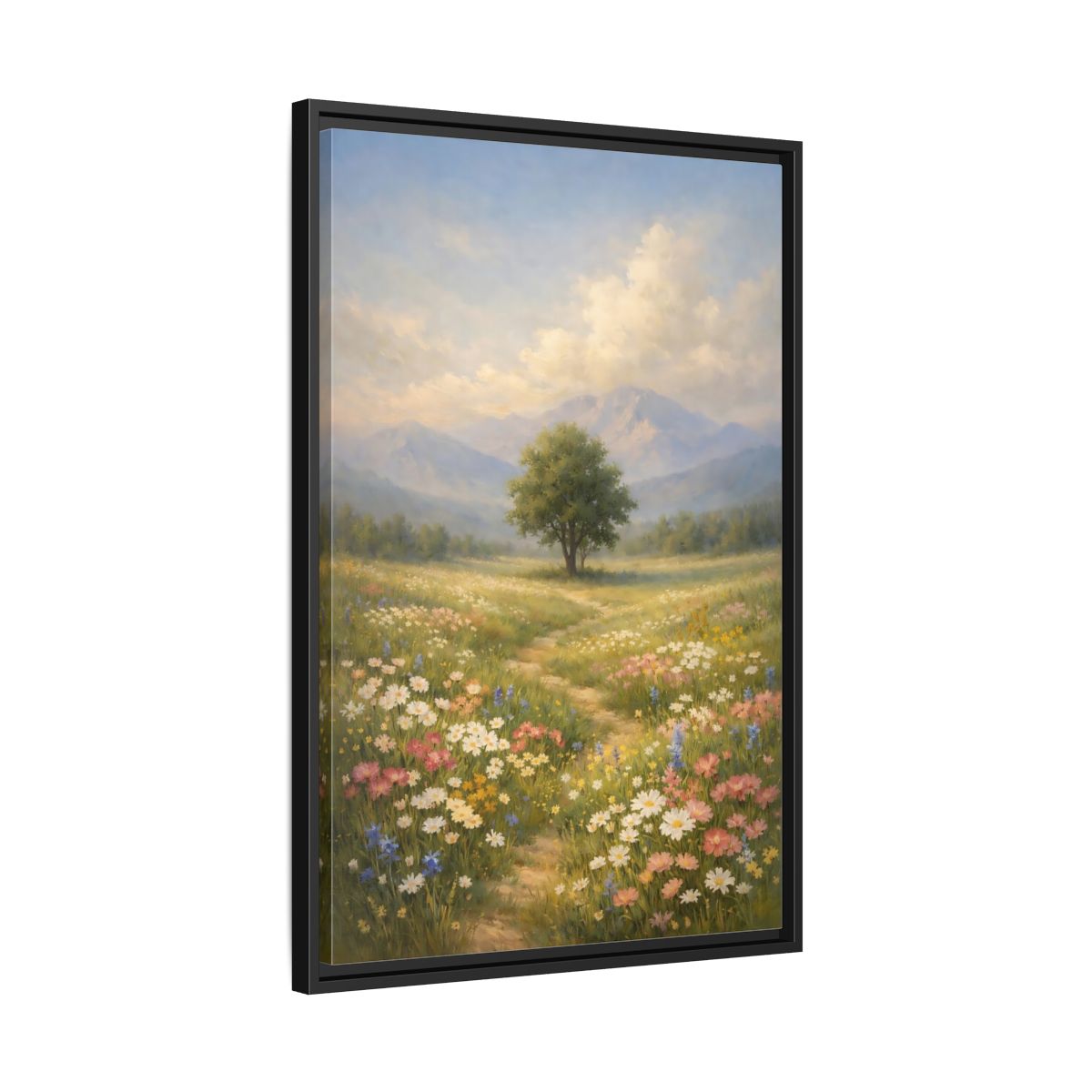 Side Mockup 14. Nature Lone Tree Spring Meadow shown as stretched canvas wall art