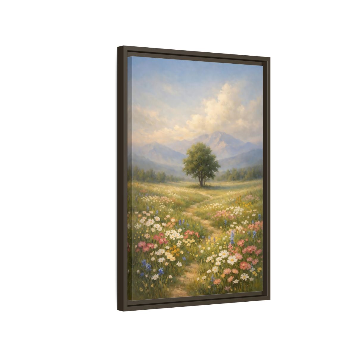 Side Mockup 2. Nature Lone Tree Spring Meadow shown as stretched canvas wall art