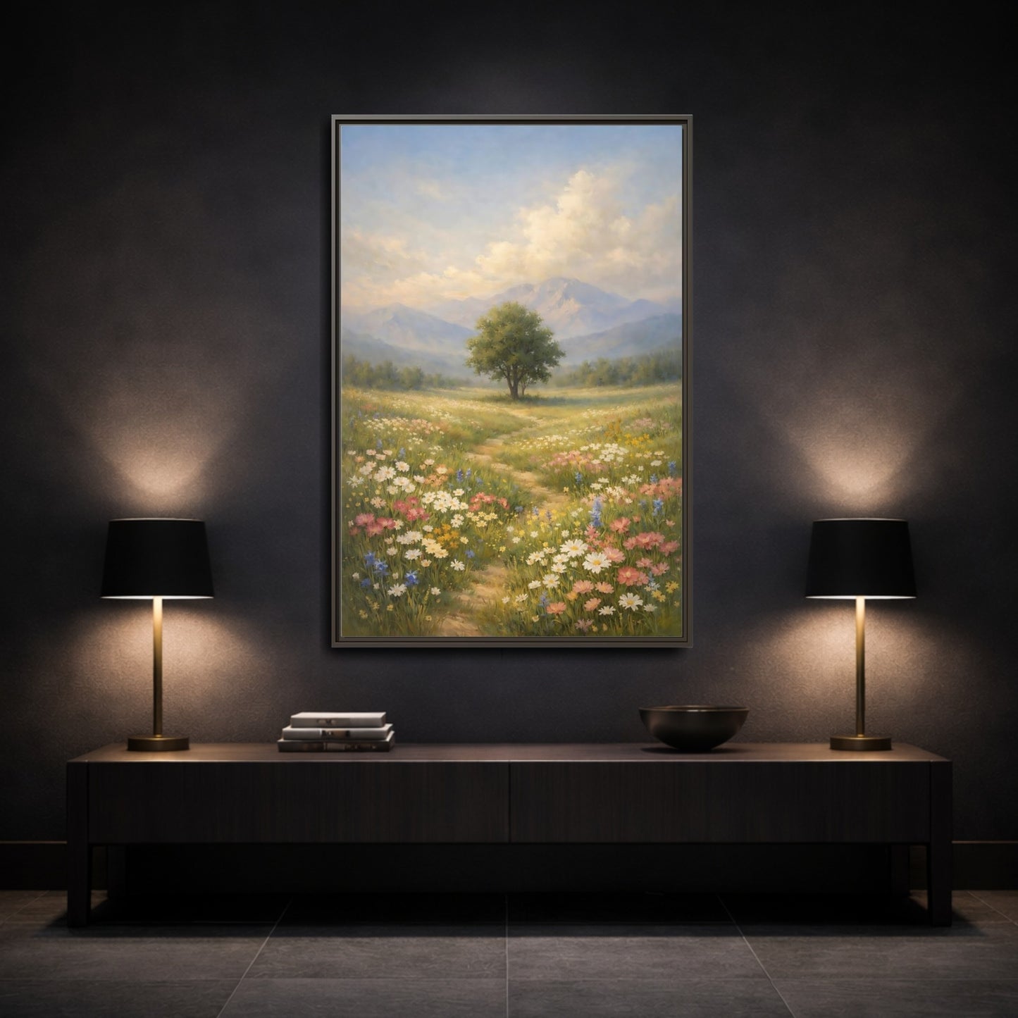 Mockup 2. Nature Lone Tree Spring Meadow shown as stretched canvas wall art