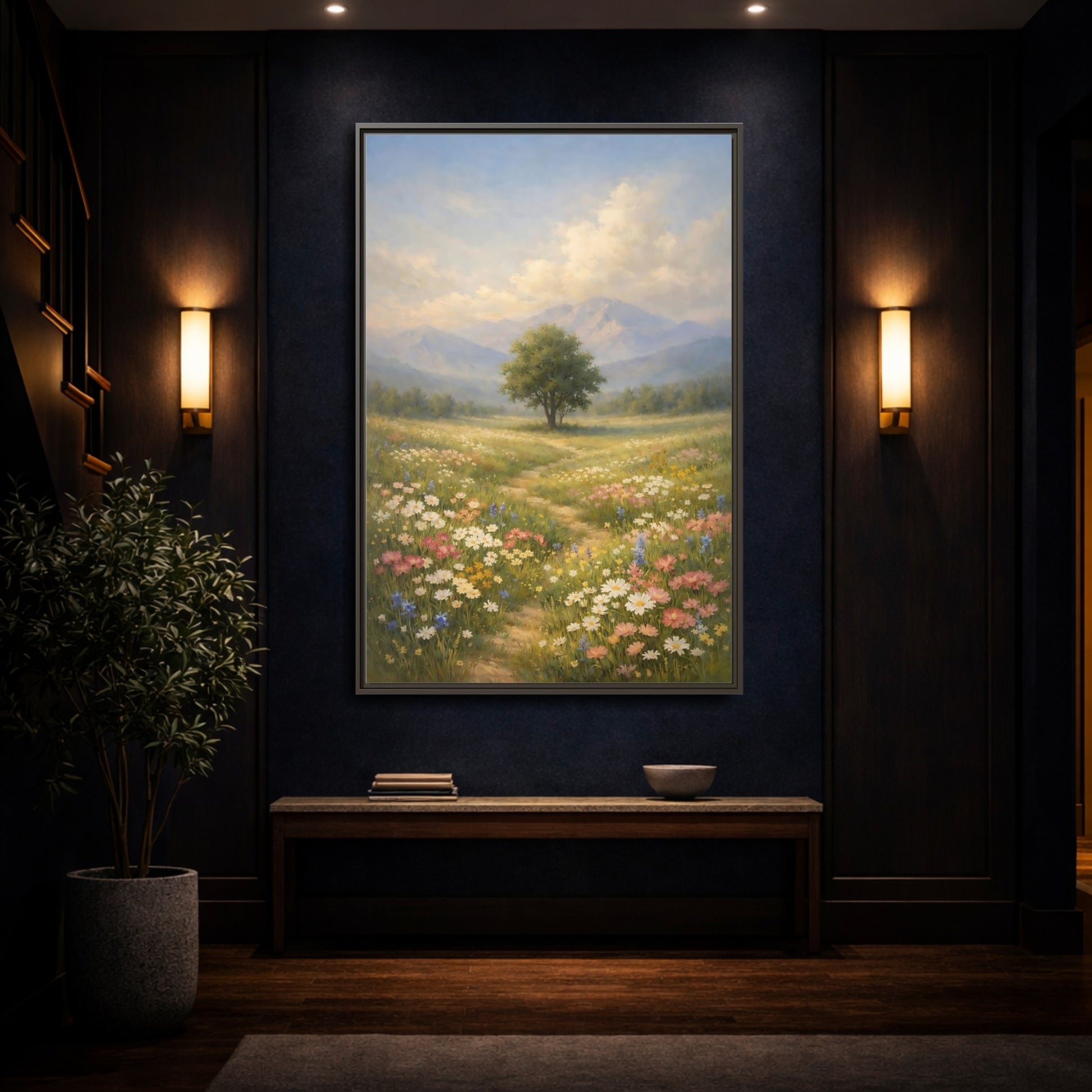 Mockup 3. Nature Lone Tree Spring Meadow shown as stretched canvas wall art