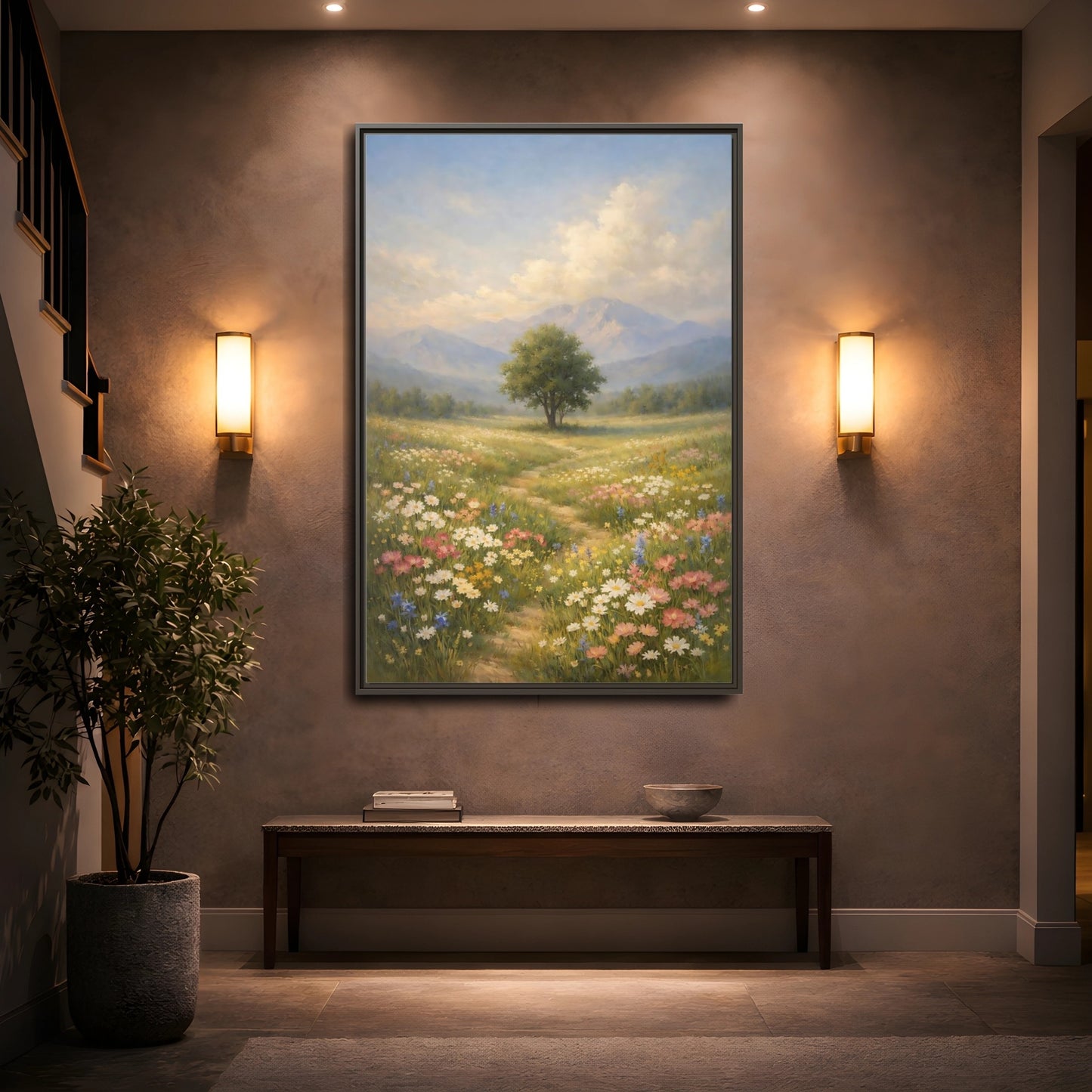 Mockup 4. Nature Lone Tree Spring Meadow shown as stretched canvas wall art