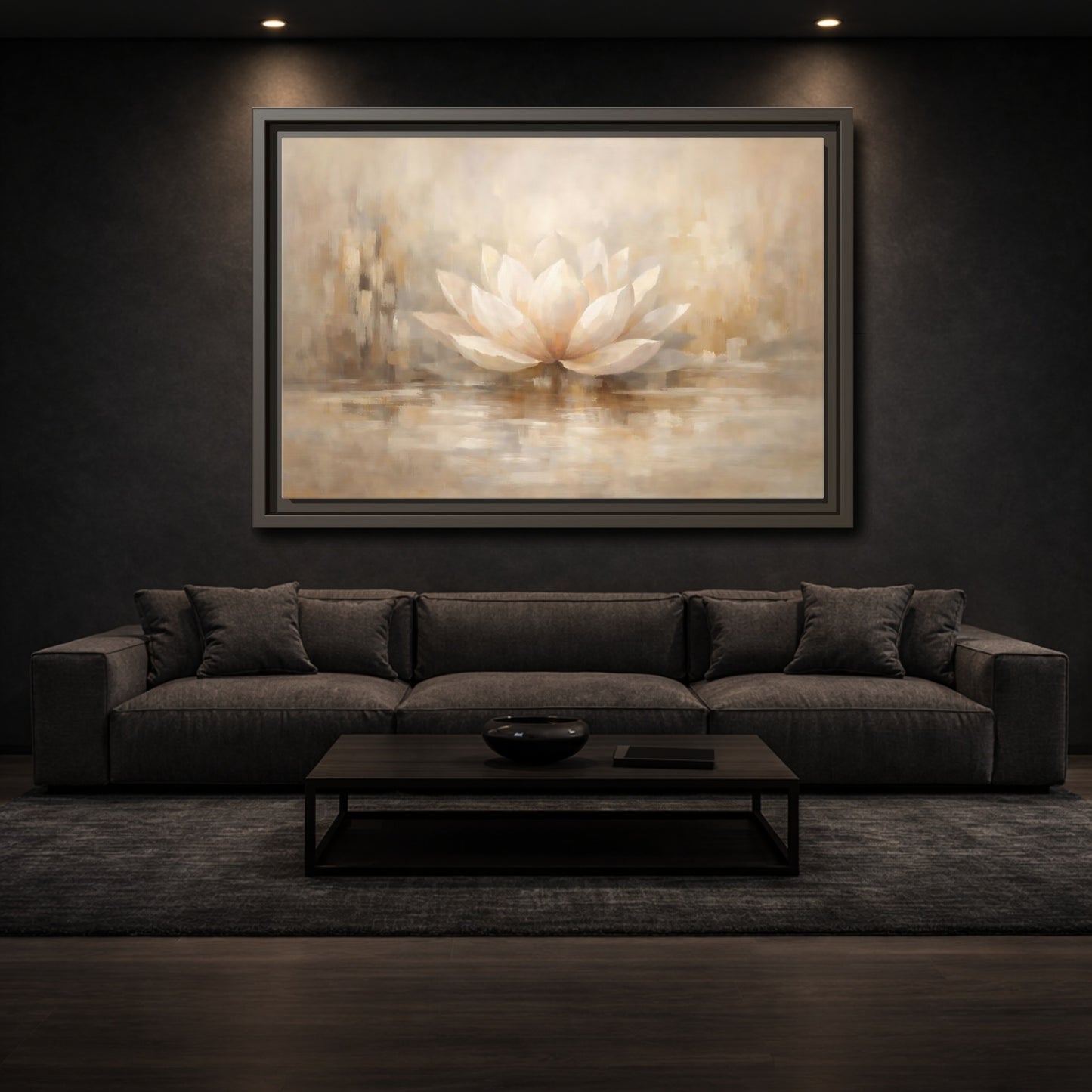 Mockup 2. Nature Lotus Flower Beige Lotus shown as stretched canvas wall art