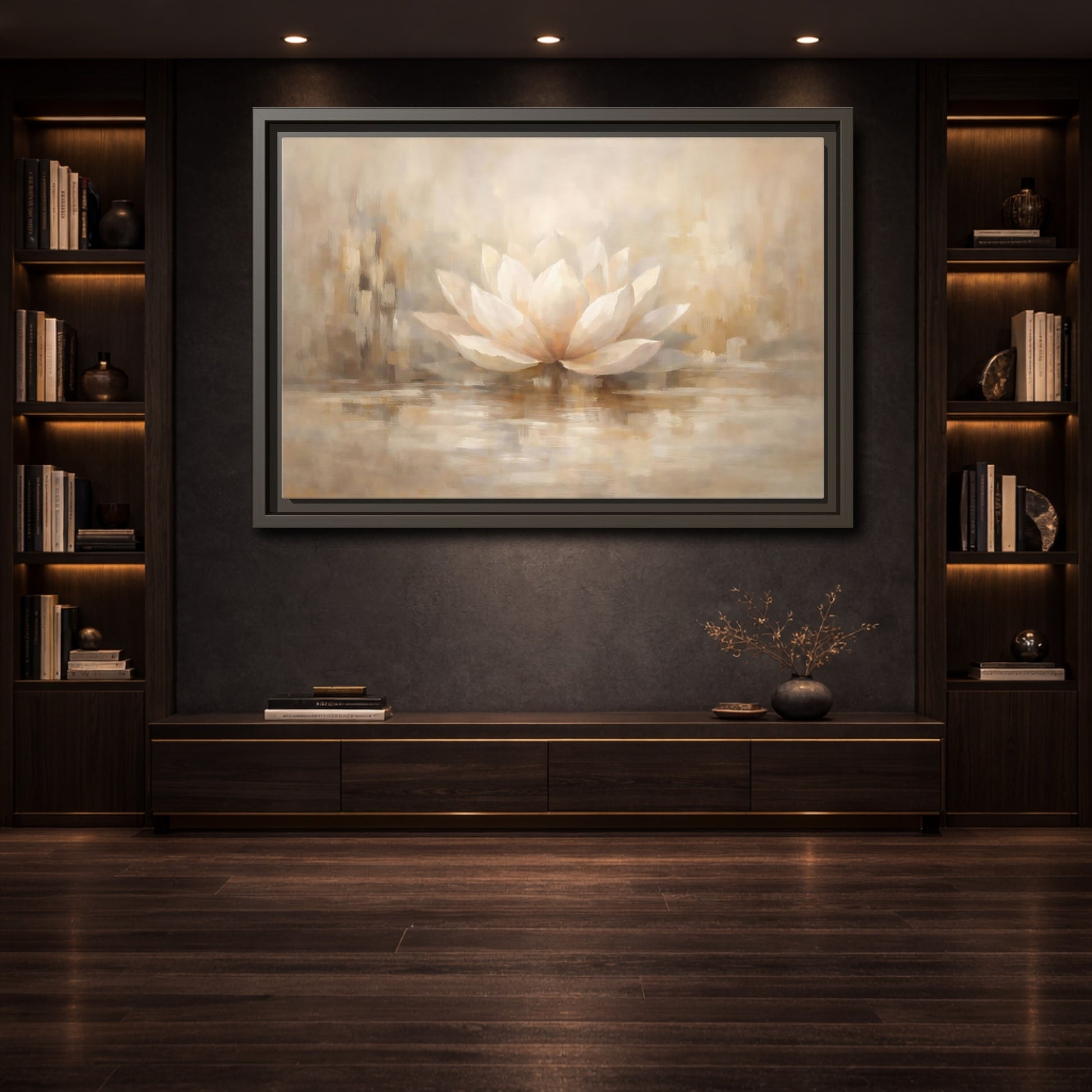 Mockup 3. Nature Lotus Flower Beige Lotus shown as stretched canvas wall art