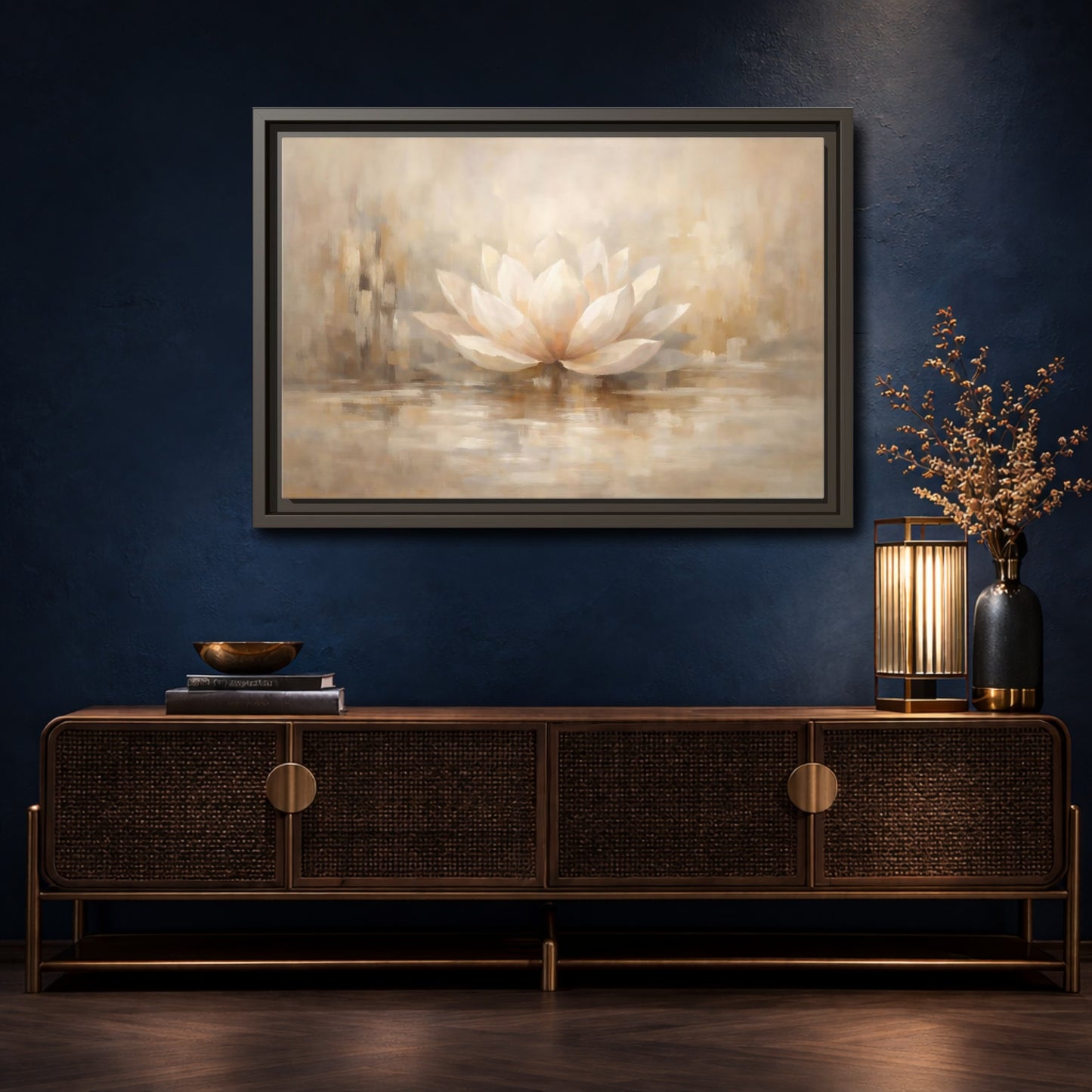 Mockup 4. Nature Lotus Flower Beige Lotus shown as stretched canvas wall art