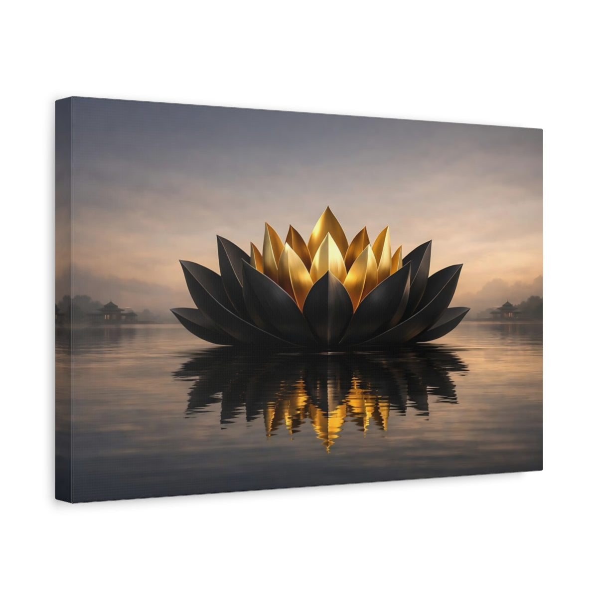 Side Mockup 4. Nature Lotus Flower Black And Gold Lotus shown as stretched canvas wall art