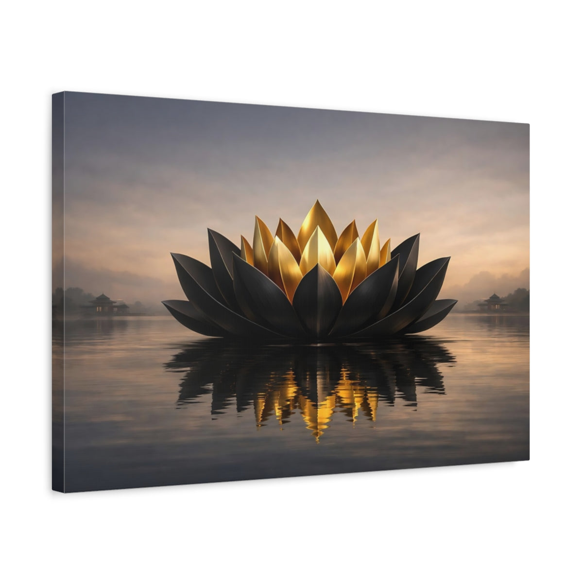 Side Mockup 3. Nature Lotus Flower Black And Gold Lotus shown as stretched canvas wall art