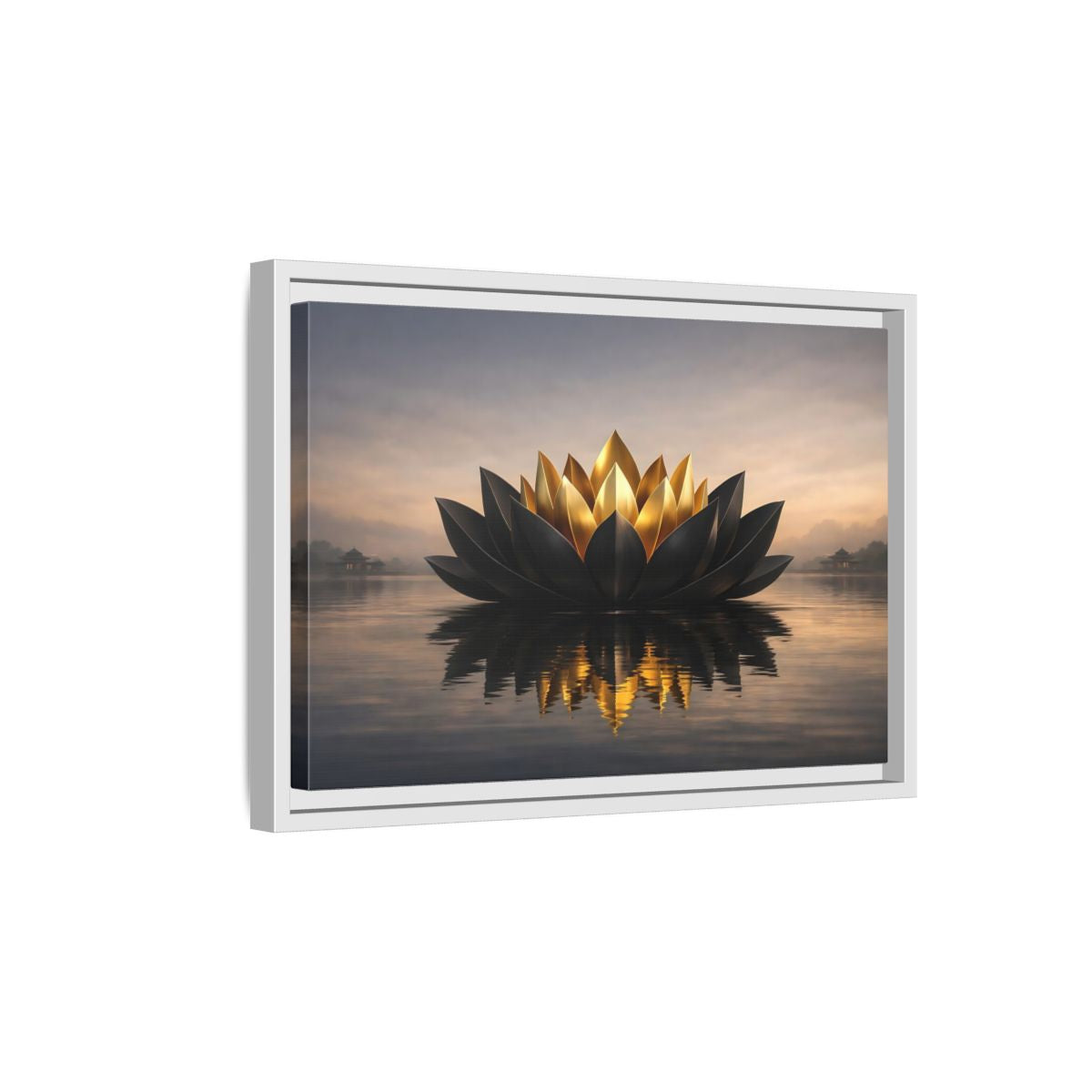 Side Mockup 4. Nature Lotus Flower Black And Gold Lotus shown as stretched canvas wall art