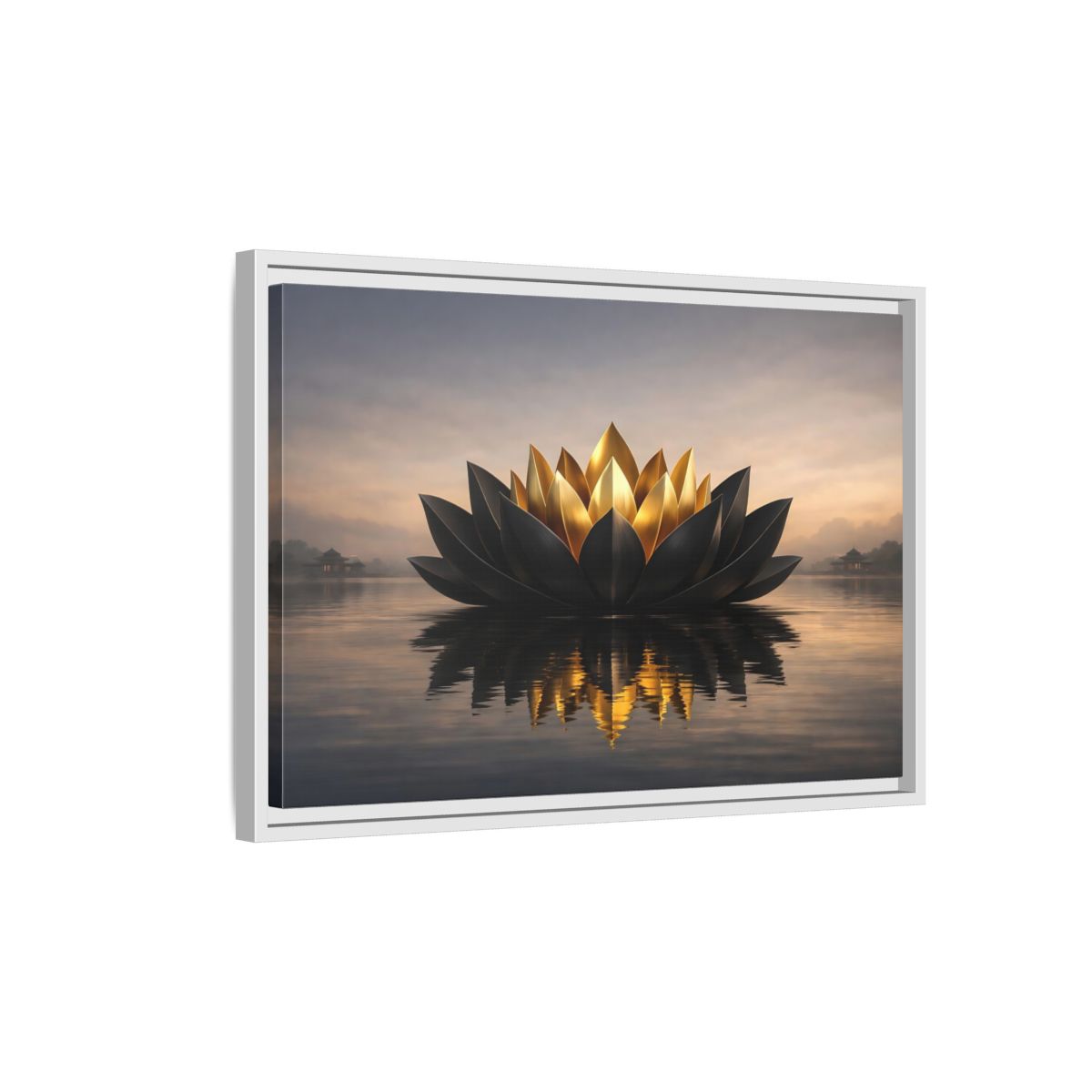 Side Mockup 1. Nature Lotus Flower Black And Gold Lotus shown as stretched canvas wall art
