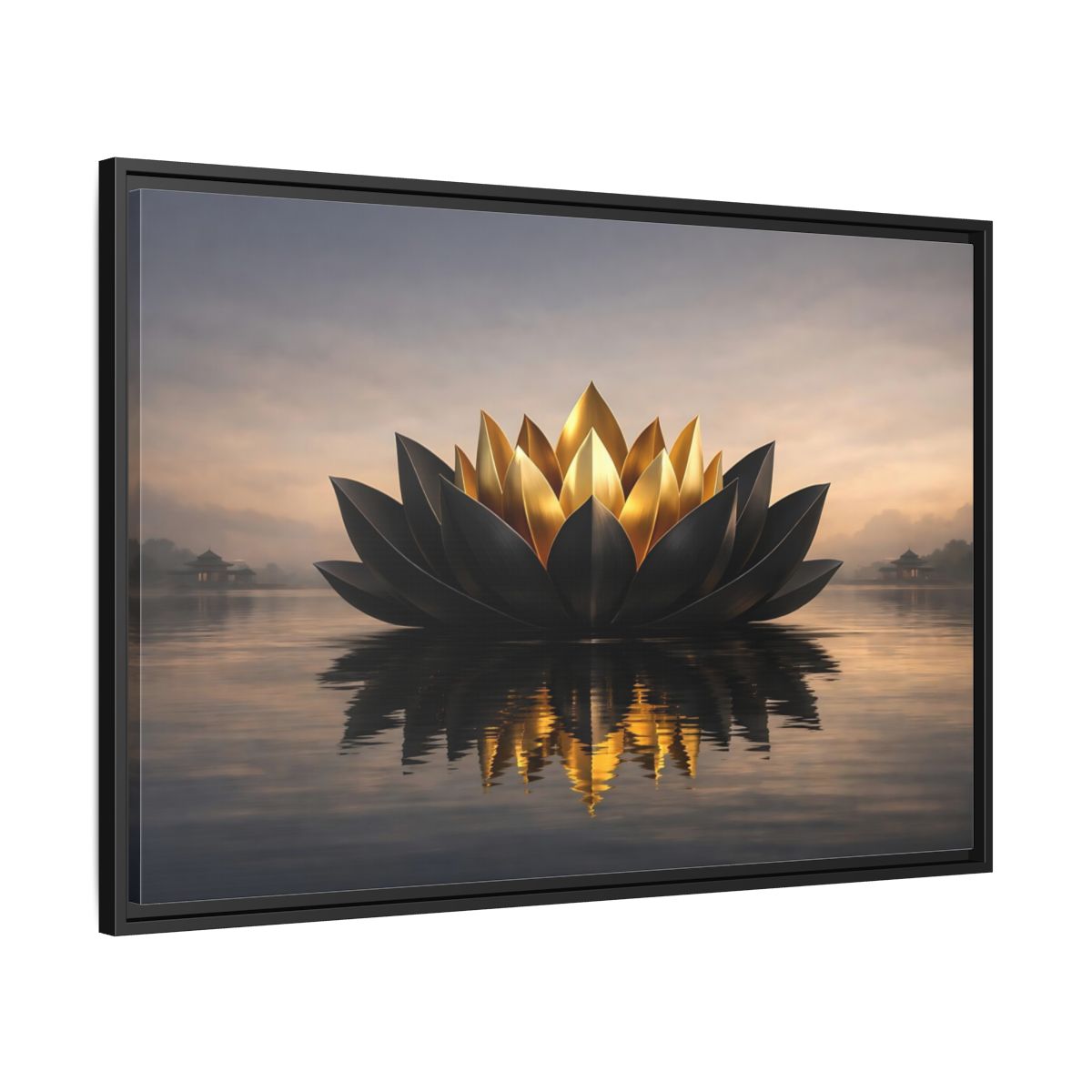 Side Mockup 13. Nature Lotus Flower Black And Gold Lotus shown as stretched canvas wall art