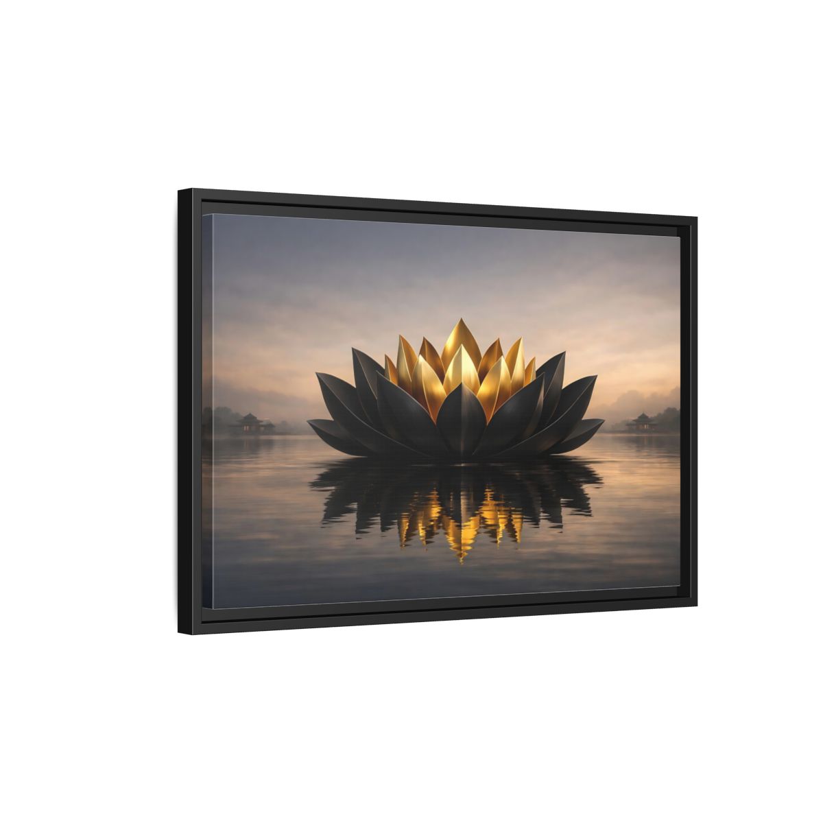 Side Mockup 3. Nature Lotus Flower Black And Gold Lotus shown as stretched canvas wall art