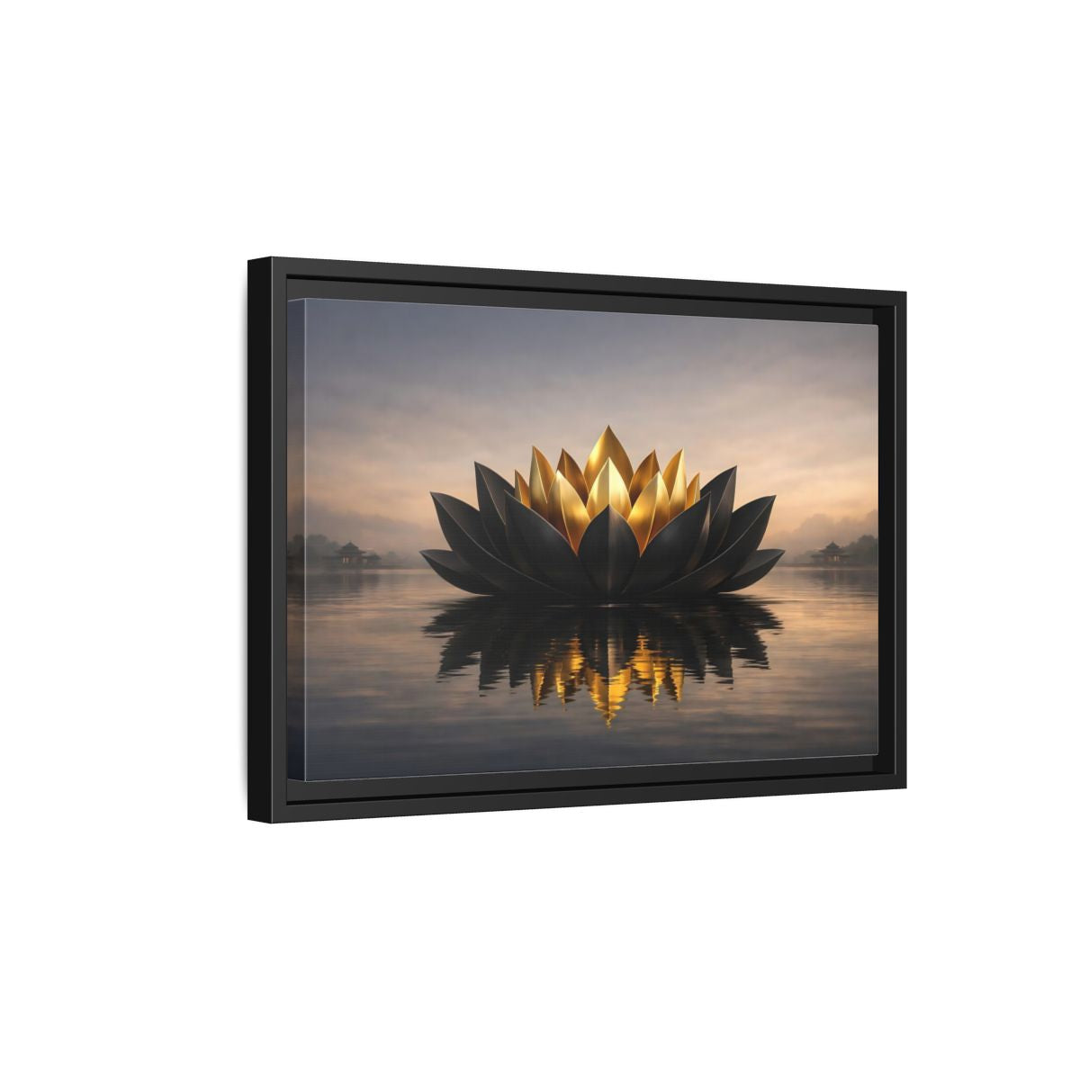 Side Mockup 6. Nature Lotus Flower Black And Gold Lotus shown as stretched canvas wall art