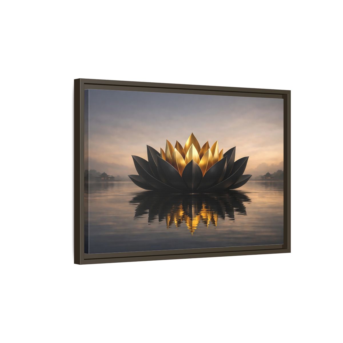 Side Mockup 2. Nature Lotus Flower Black And Gold Lotus shown as stretched canvas wall art