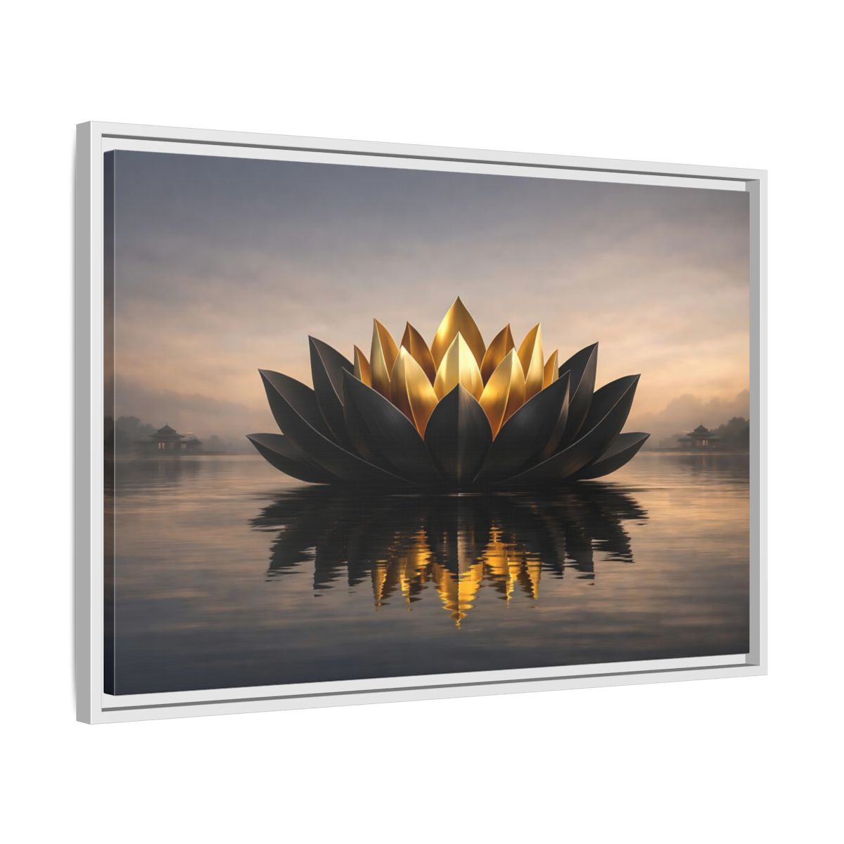 Side Mockup 10. Nature Lotus Flower Black And Gold Lotus shown as stretched canvas wall art